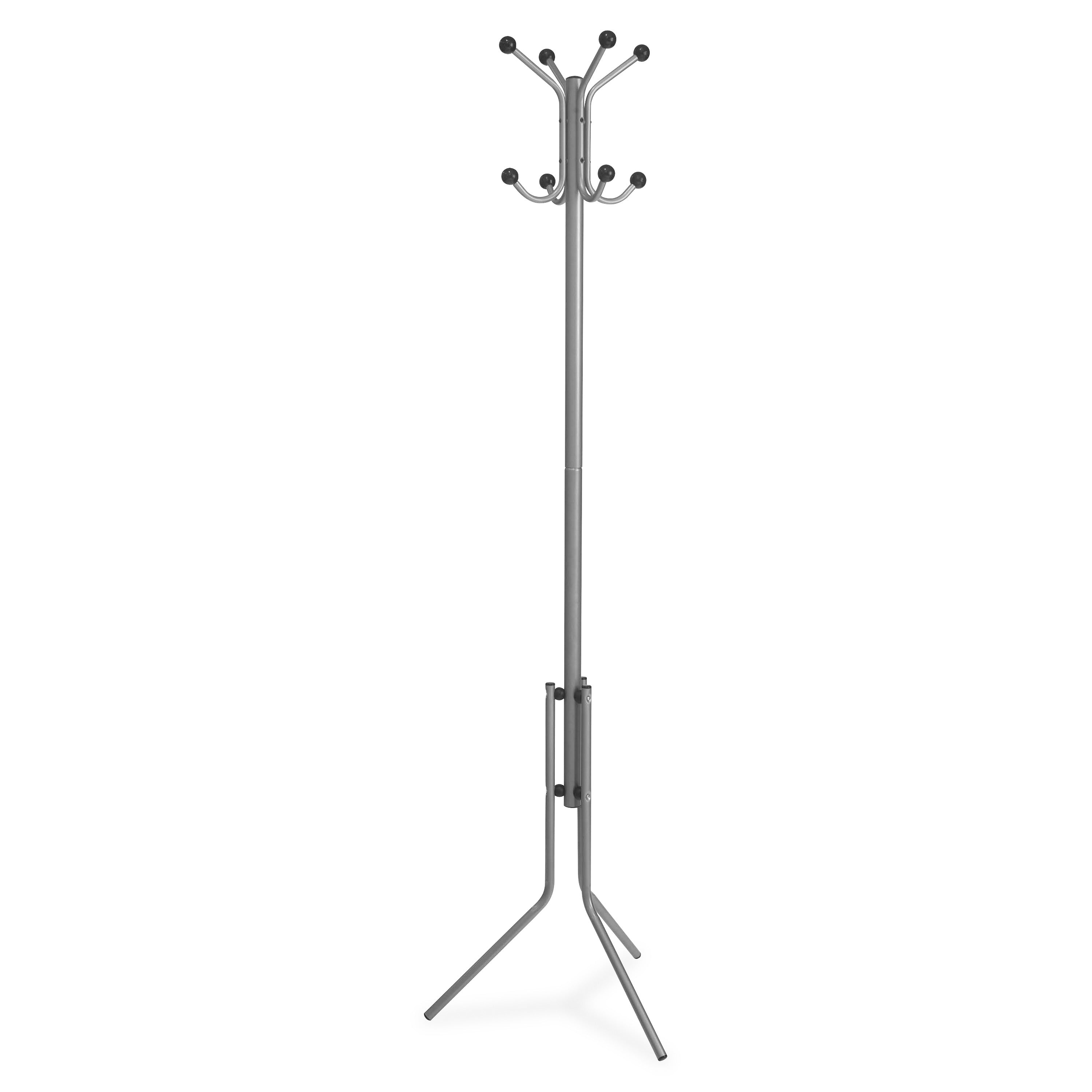 Lorell Tripod Base Coat Rack - 4 Hooks - 4 Pegs - for Coat, Jacket, Hat, Scarf - Metal - Silver - 1 Each -