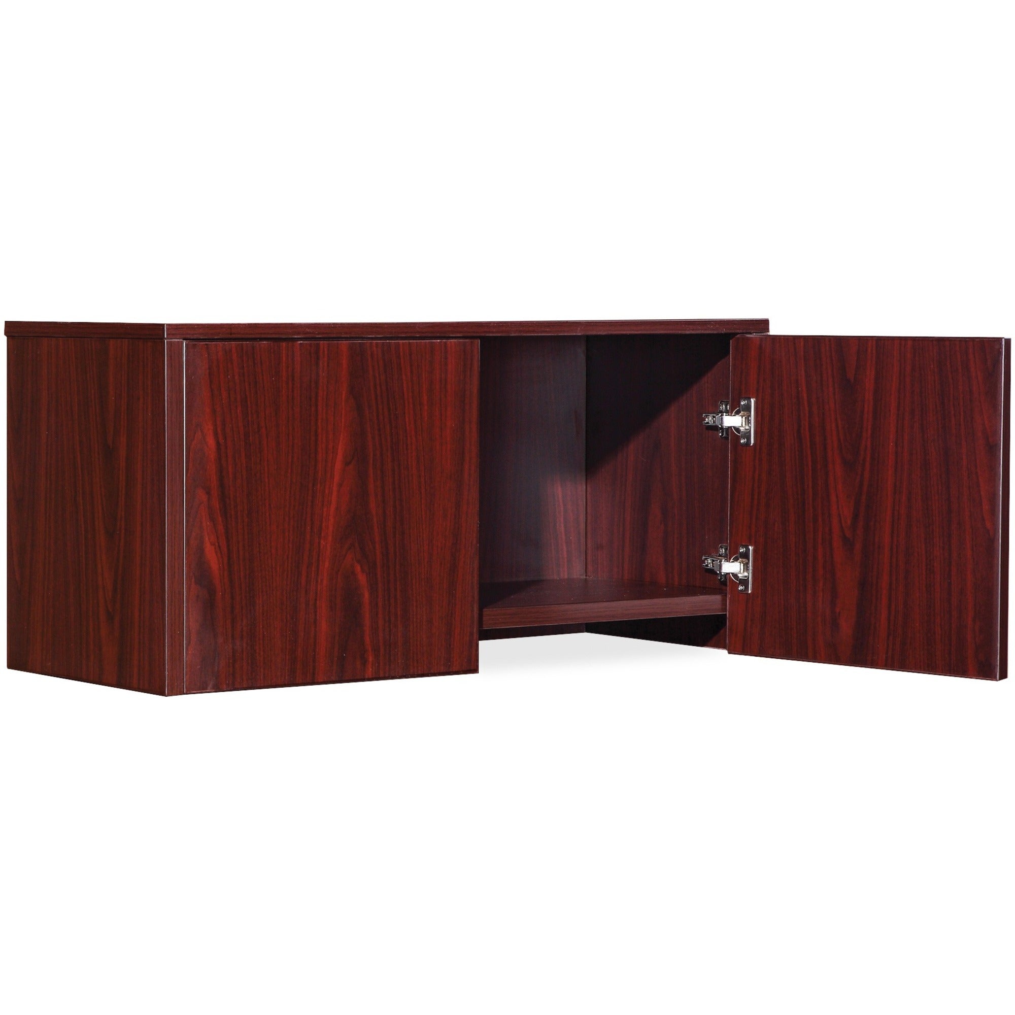 Lorell Essentials/Revelance Series Wall-Mount Hutch - 35.4" x 14.8"16.8" Hutch, 1" Side Panel, 0.6" Back Panel, 0.7" Panel, 1" Bottom Panel - Finish: Mahogany - Back Panel, Edge Banding - For Office -