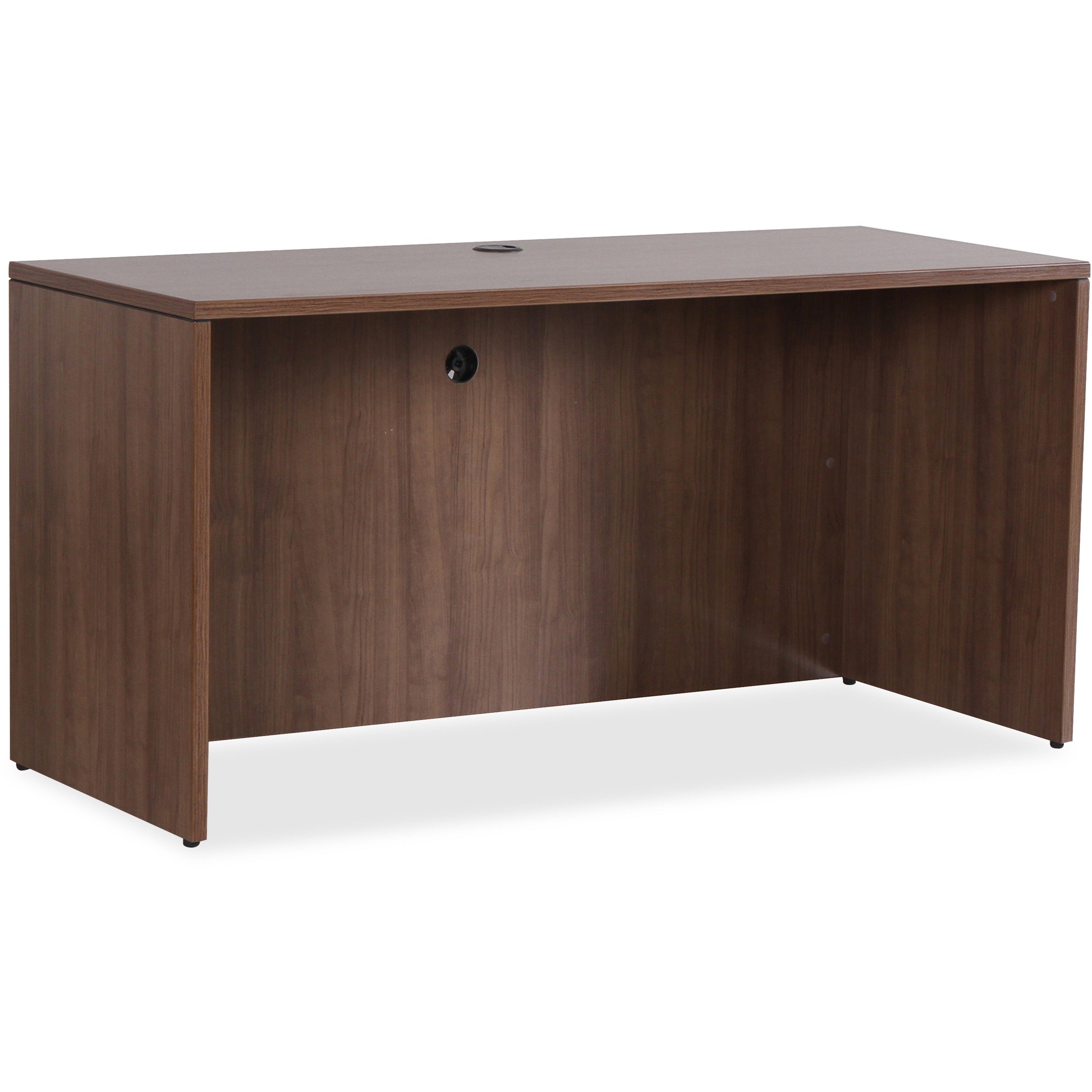 Lorell Essentials Series Credenza Shell - 59" x 23.6"29.5" Credenza, 1" Top, 3.8" Drawer Pull, 0.1" Edge - Finish: Walnut - Laminate Table Top - Durable, Grommet, Cord Management, Adjustable Feet - For Office -