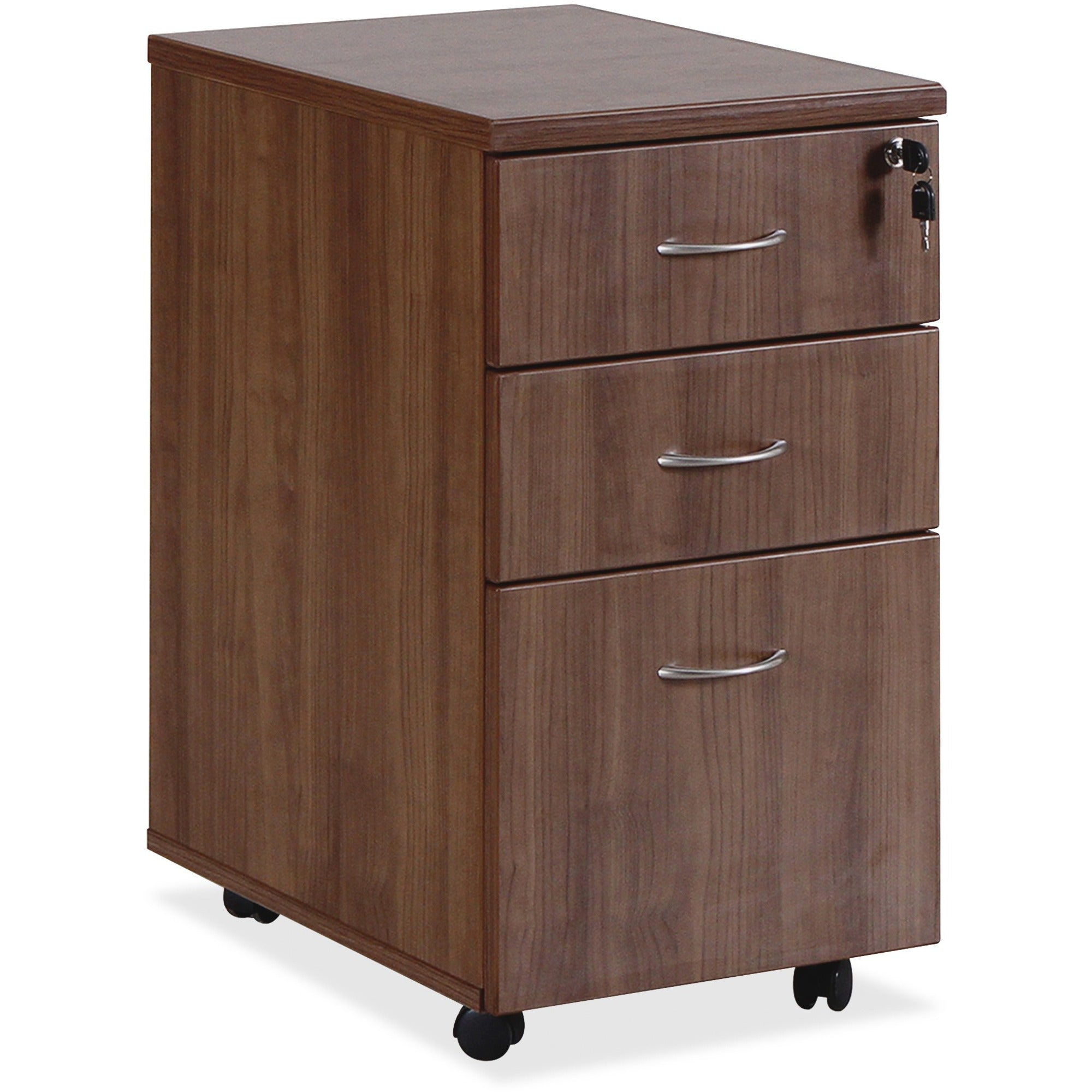 Lorell Essentials Series Box/Box/File Mobile File Cabinet - 1" Top, 3.8" Drawer Pull, 0.1" Edge, 15.8" x 22"28.4" Pedestal - 3 x Box, File Drawer(s) - Single Pedestal - Walnut, Laminate Table Top - Built-in Hangrail, Durable, Dual Wheel Caster, Mobil -
