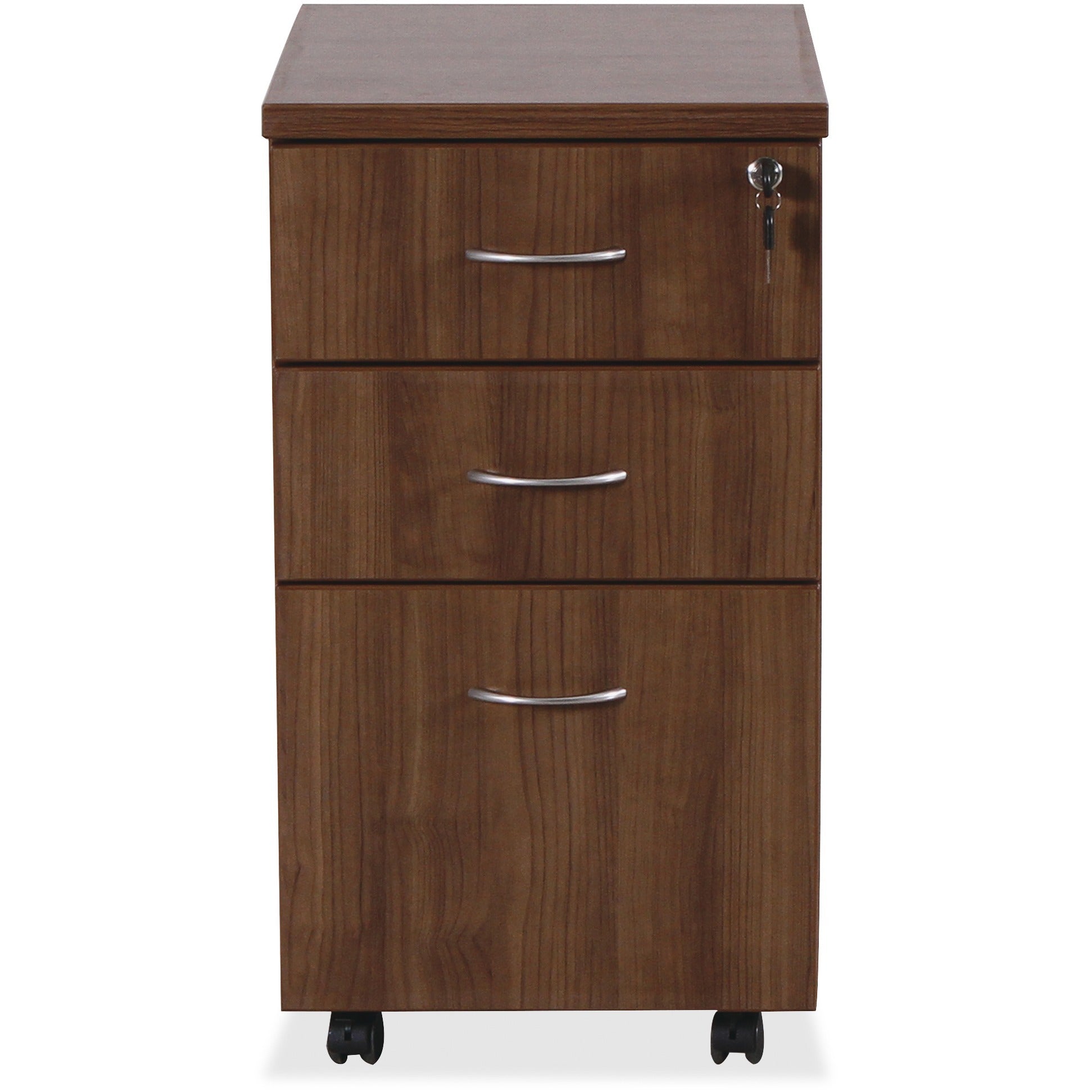 Lorell Essentials Series Box/Box/File Mobile File Cabinet - 1" Top, 3.8" Drawer Pull, 0.1" Edge, 15.8" x 22"28.4" Pedestal - 3 x Box, File Drawer(s) - Single Pedestal - Walnut, Laminate Table Top - Built-in Hangrail, Durable, Dual Wheel Caster, Mobil -