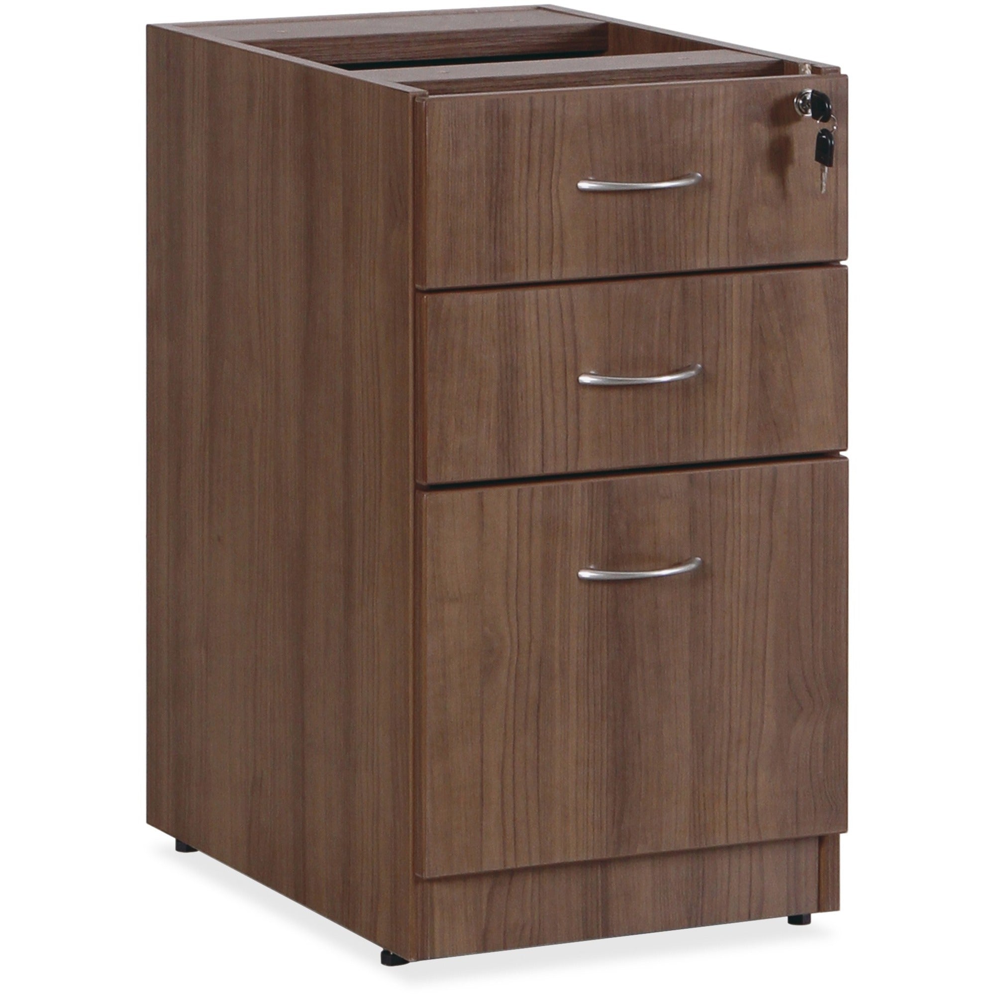 Lorell Essentials Series Box/Box/File Fixed File Cabinet - 15.5" x 21.9"28.5" Pedestal - 3 x File, Box Drawer(s) - Finish: Laminate, Walnut - Built-in Hangrail - For File, File Folder -