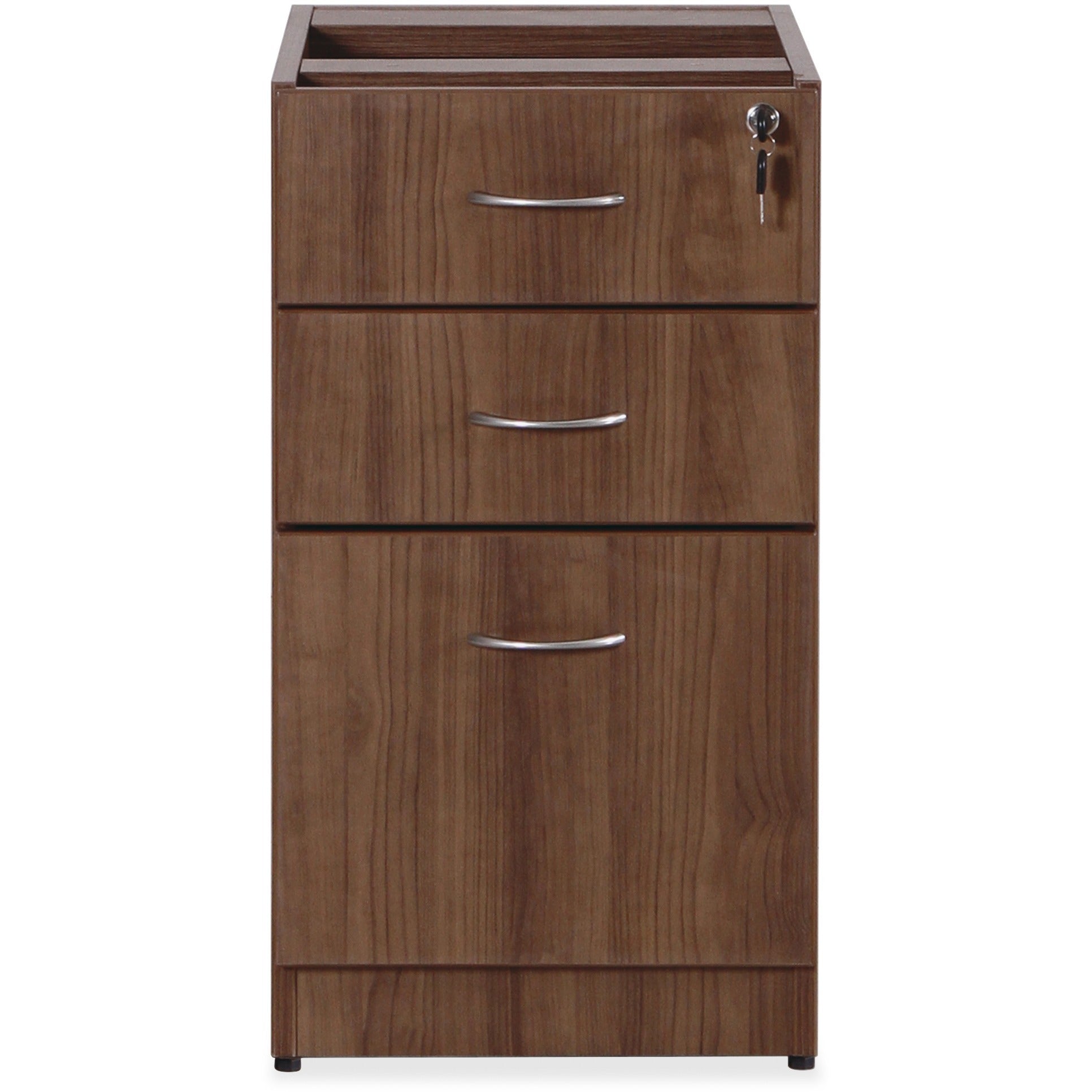 Lorell Essentials Series Box/Box/File Fixed File Cabinet - 15.5" x 21.9"28.5" Pedestal - 3 x File, Box Drawer(s) - Finish: Laminate, Walnut - Built-in Hangrail - For File, File Folder -