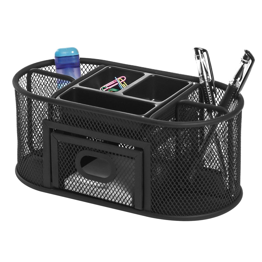 Lorell Mesh Desktop Organizer - Desktop - Compact, Sturdy, Removable Compartment - Black - Steel, Mesh, Plastic - 1 Each -