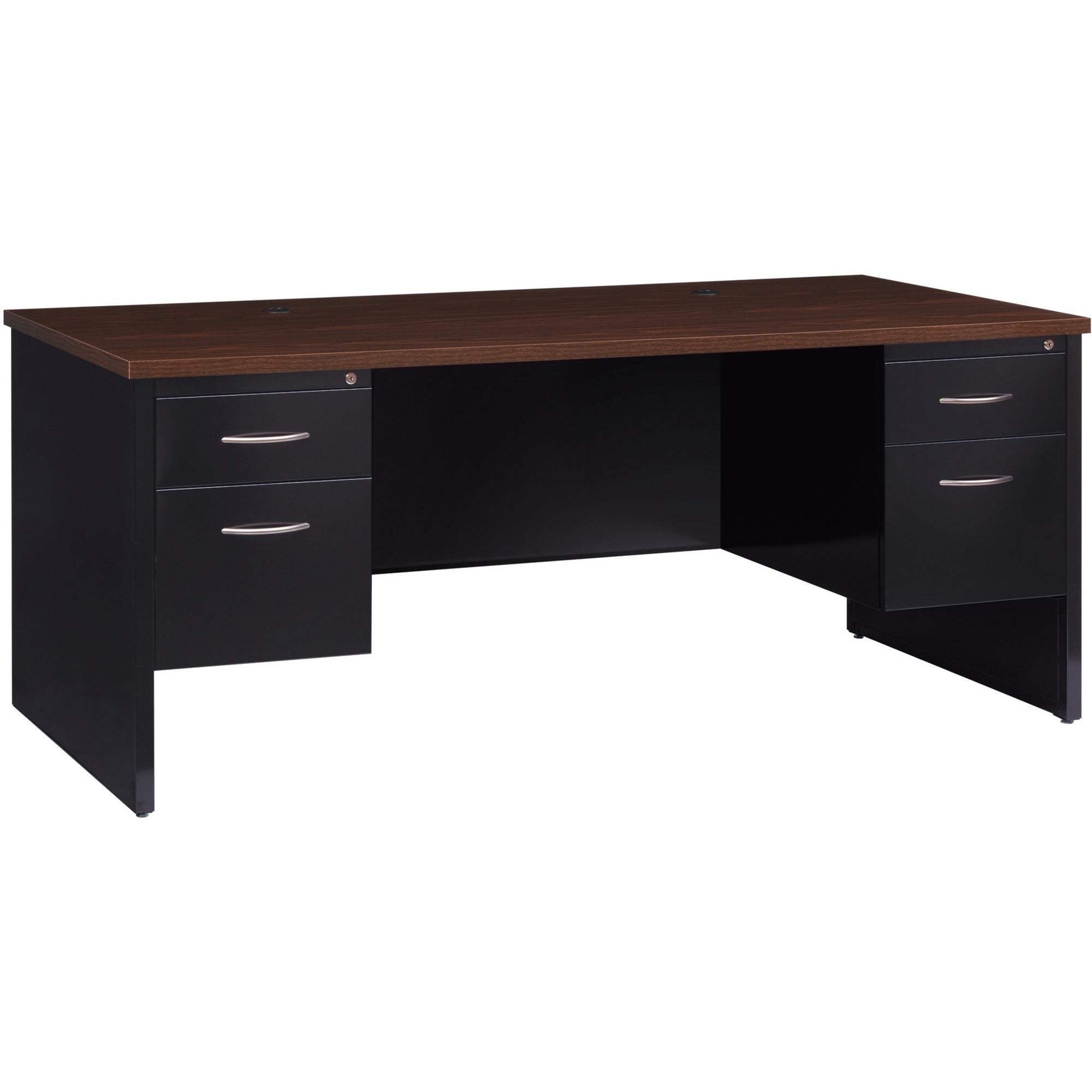 Lorell Fortress Modular Series Double-Pedestal Desk - 72" x 36" , 1.1" Top - 2 x Box, File Drawer(s) - Double Pedestal - Material: Steel - Finish: Walnut Laminate, Black - Scratch Resistant, Stain Resistant, Ball-bearing Suspension, Grommet, Handle, -