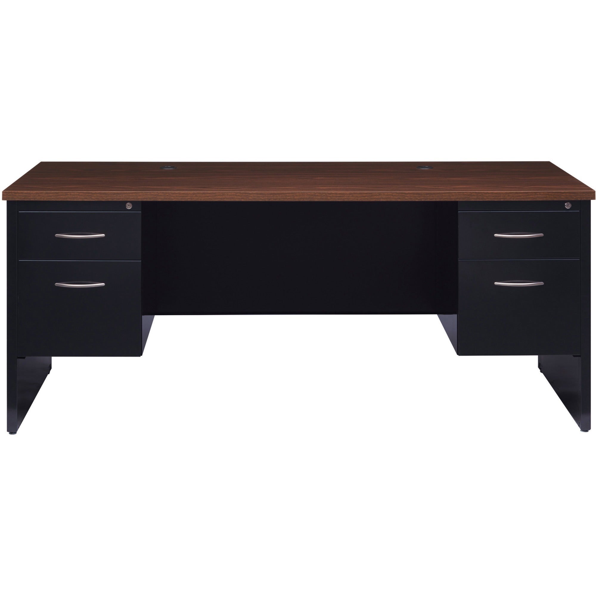 Lorell Fortress Modular Series Double-Pedestal Desk - 72" x 36" , 1.1" Top - 2 x Box, File Drawer(s) - Double Pedestal - Material: Steel - Finish: Walnut Laminate, Black - Scratch Resistant, Stain Resistant, Ball-bearing Suspension, Grommet, Handle, -