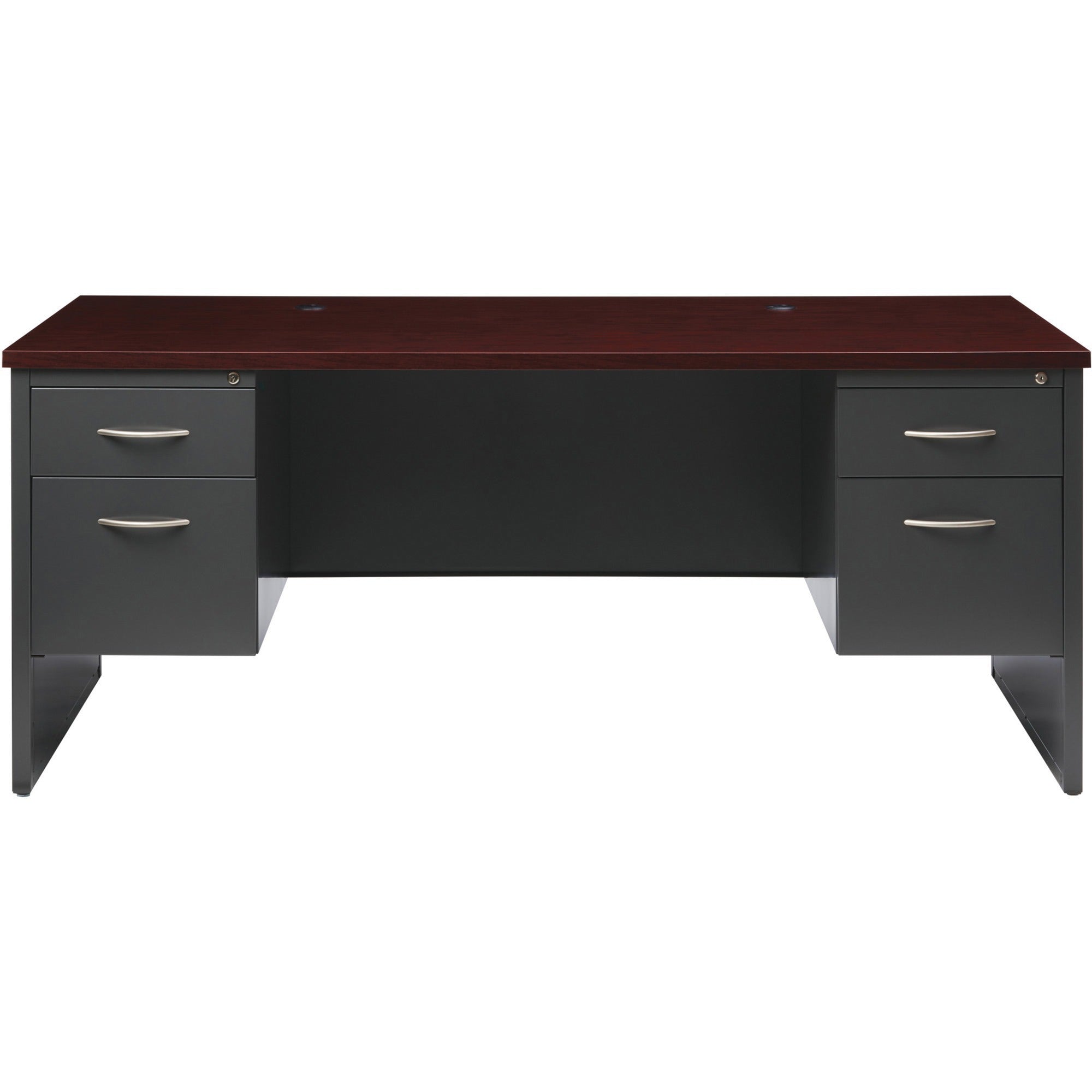 Lorell Fortress Modular Series Double-Pedestal Desk - 72" x 36" , 1.1" Top - 2 x Box, File Drawer(s) - Double Pedestal - Material: Steel - Finish: Mahogany Laminate, Charcoal - Scratch Resistant, Stain Resistant, Ball-bearing Suspension, Grommet, Han -
