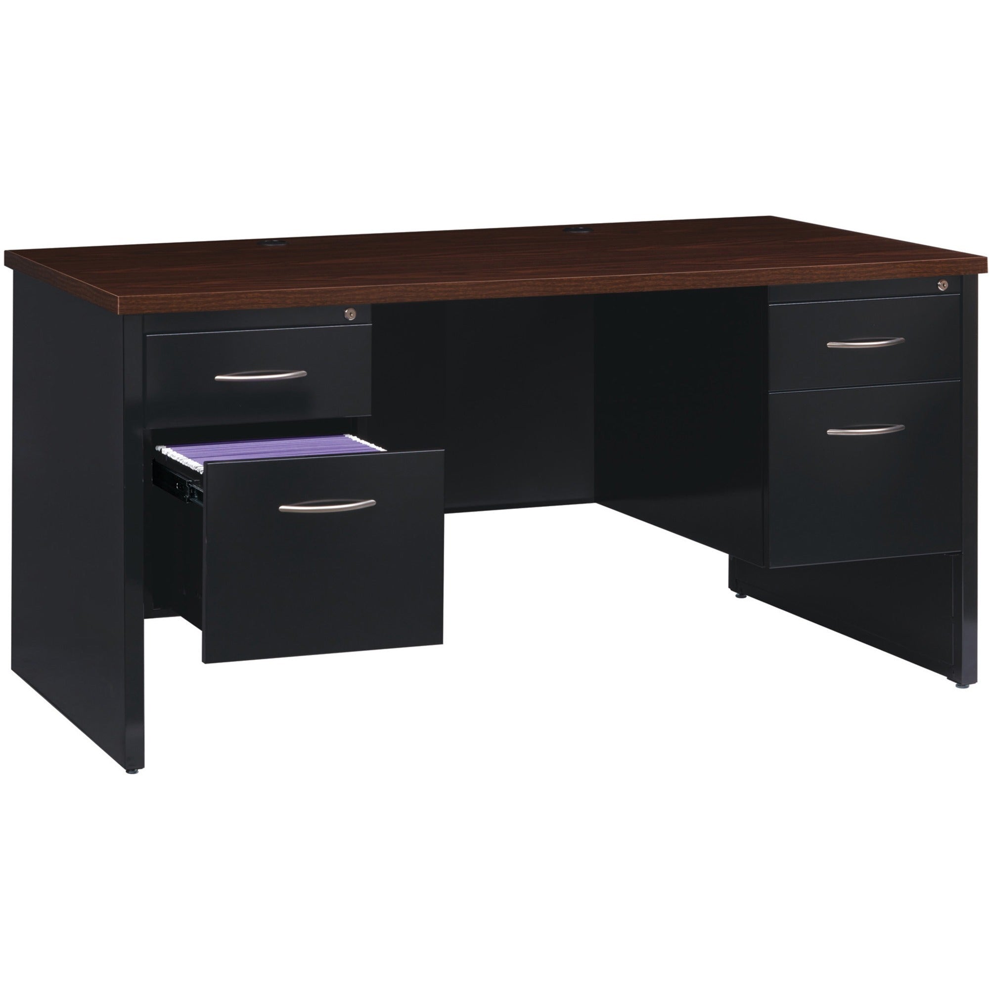 Lorell Fortress Modular Series Double-Pedestal Desk - 60" x 30" , 1.1" Top - 4 x Box, File Drawer(s) - Double Pedestal - Material: Steel - Finish: Walnut Laminate, Black - Scratch Resistant, Stain Resistant, Ball-bearing Suspension, Grommet, Handle, -