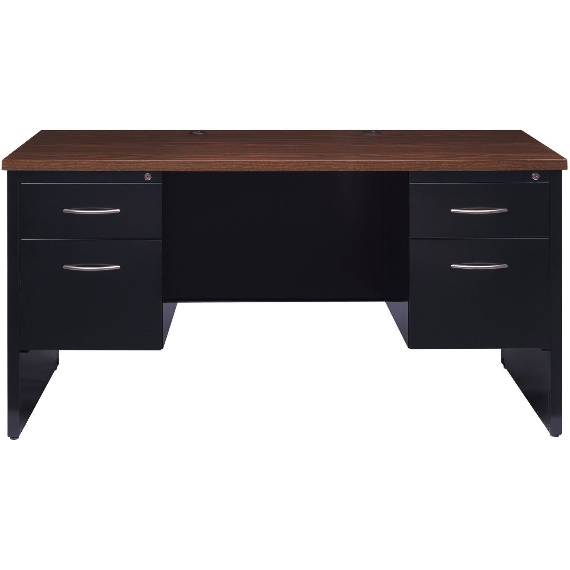 Lorell Fortress Modular Series Double-Pedestal Desk - 60" x 30" , 1.1" Top - 4 x Box, File Drawer(s) - Double Pedestal - Material: Steel - Finish: Walnut Laminate, Black - Scratch Resistant, Stain Resistant, Ball-bearing Suspension, Grommet, Handle, -