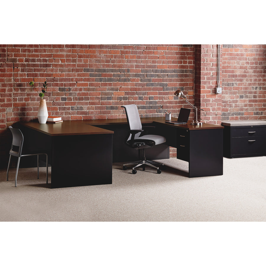 Lorell Fortress Modular Series Right-Pedestal Desk - 66" x 30" , 1.1" Top - 2 x Box, File Drawer(s) - Single Pedestal on Right Side - Material: Steel - Finish: Walnut Laminate, Black - Scratch Resistant, Stain Resistant, Ball-bearing Suspension, Grom -