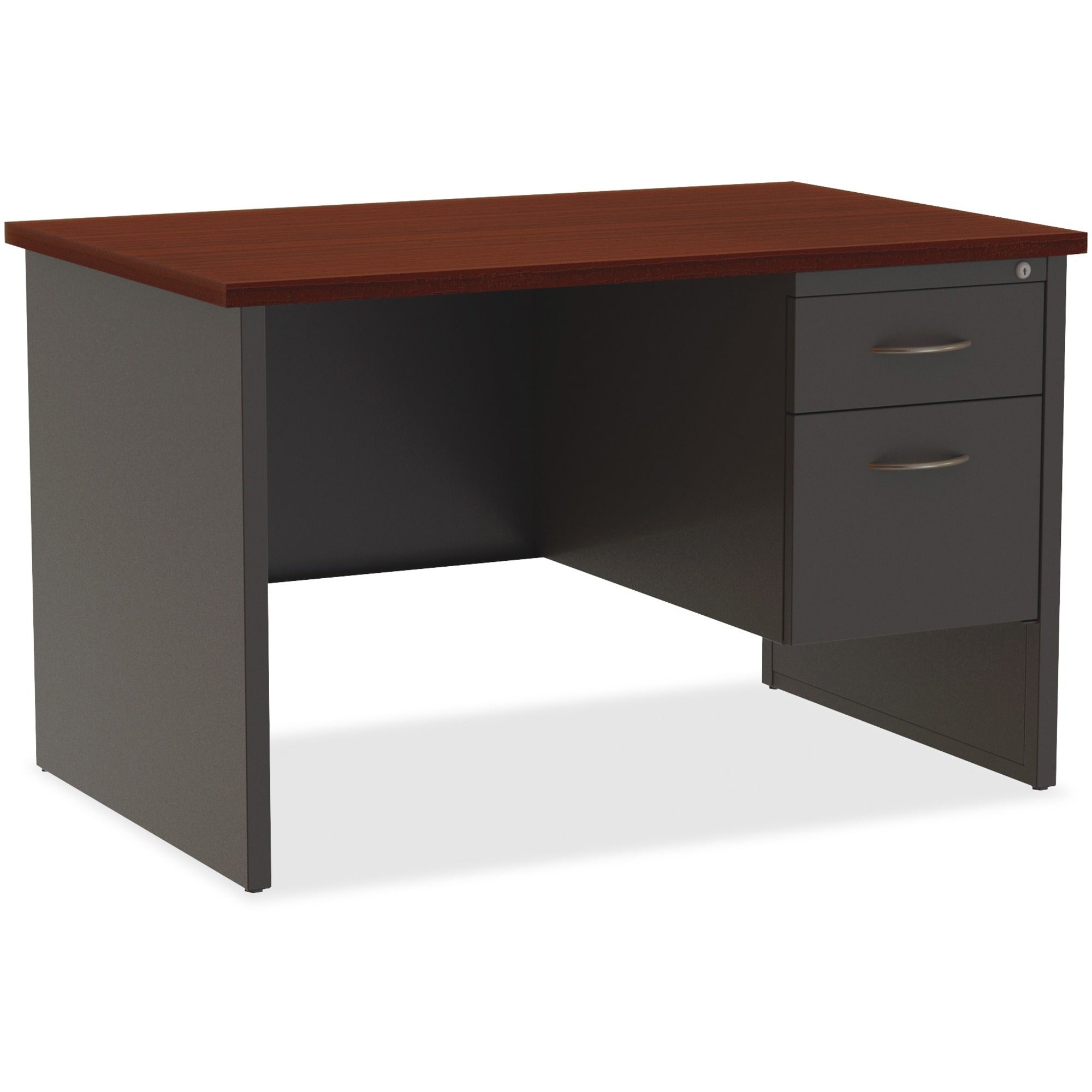 Lorell Fortress Modular Series Right-Pedestal Desk - 48" x 30" , 1.1" Top - 2 x Box, File Drawer(s) - Single Pedestal on Right Side - Material: Steel - Finish: Mahogany Laminate, Charcoal - Scratch Resistant, Stain Resistant, Ball-bearing Suspension, -