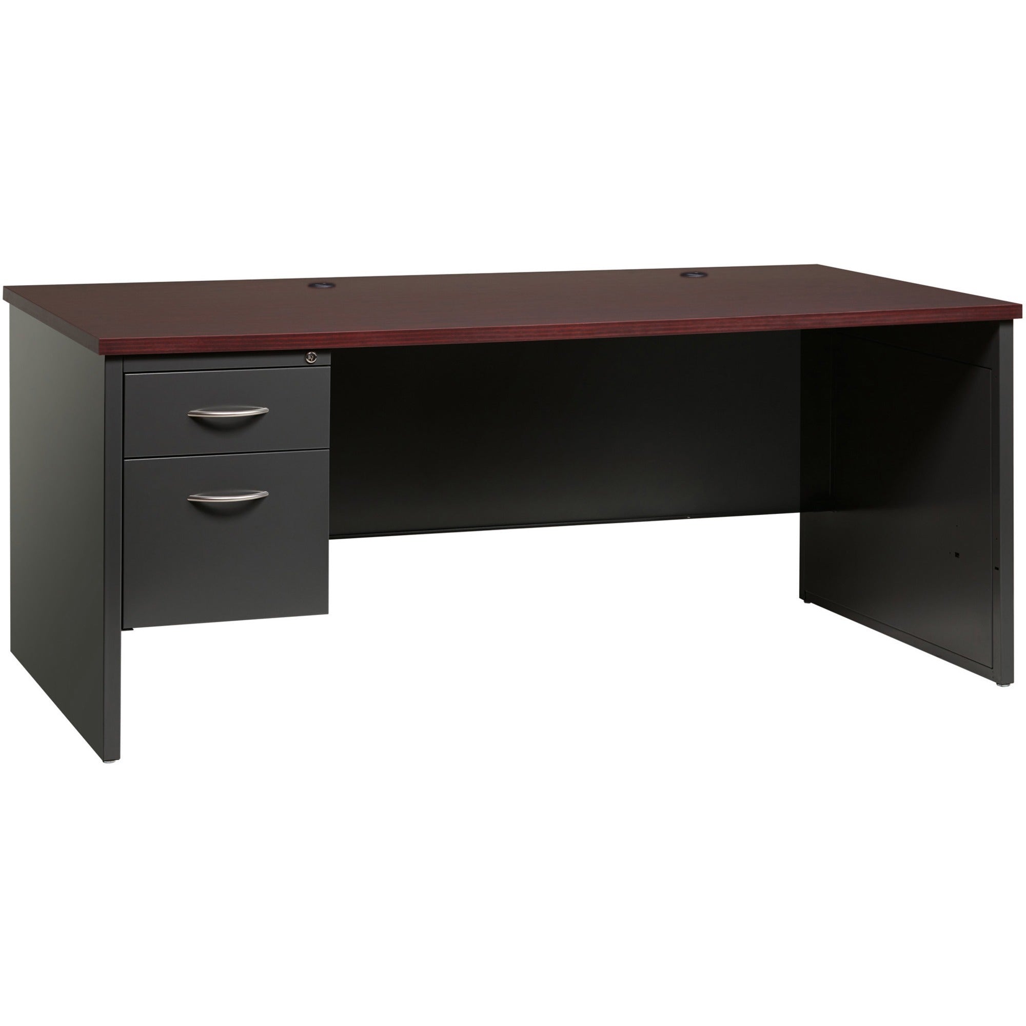 Lorell Fortress Modular Series Left-Pedestal Desk - 72" x 36" , 1.1" Top - 2 x Box, File Drawer(s) - Single Pedestal on Left Side - Material: Steel - Finish: Mahogany Laminate, Charcoal - Scratch Resistant, Stain Resistant, Ball-bearing Suspension, G -
