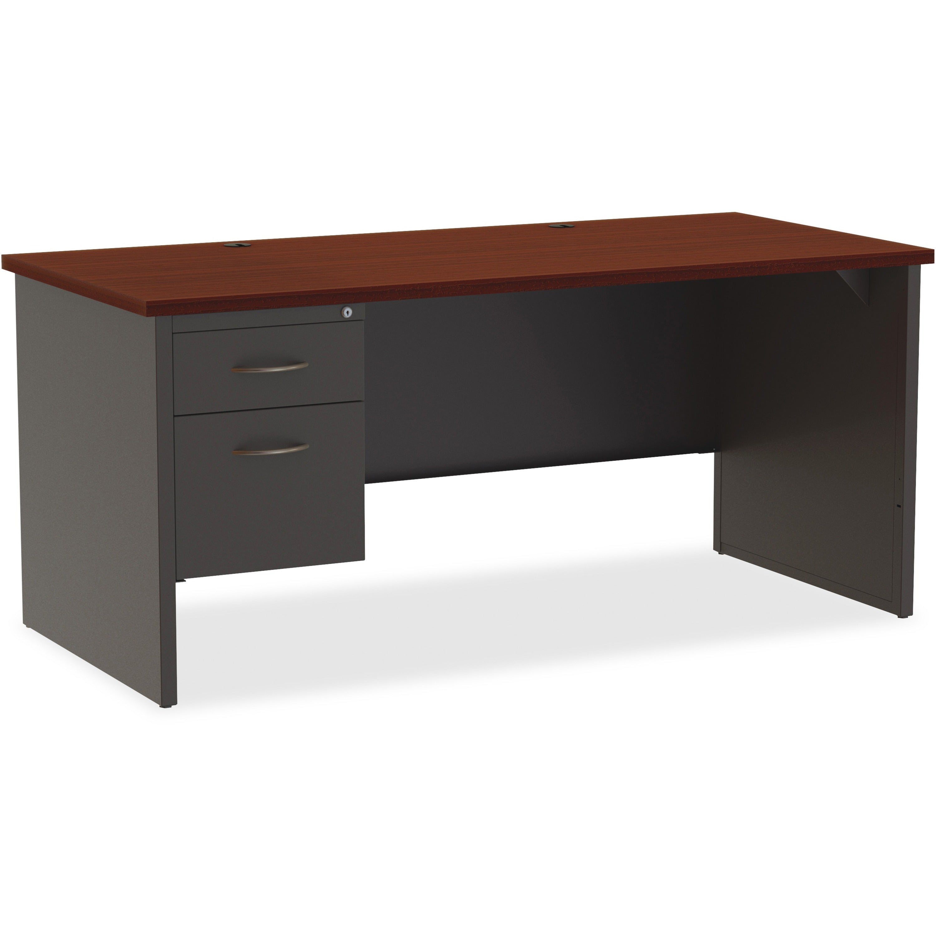 Lorell Fortress Modular Series Left-Pedestal Desk - 66" x 30" , 1.1" Top - 2 x Box, File Drawer(s) - Single Pedestal on Left Side - Material: Steel - Finish: Mahogany Laminate, Charcoal - Scratch Resistant, Stain Resistant, Ball-bearing Suspension, G -