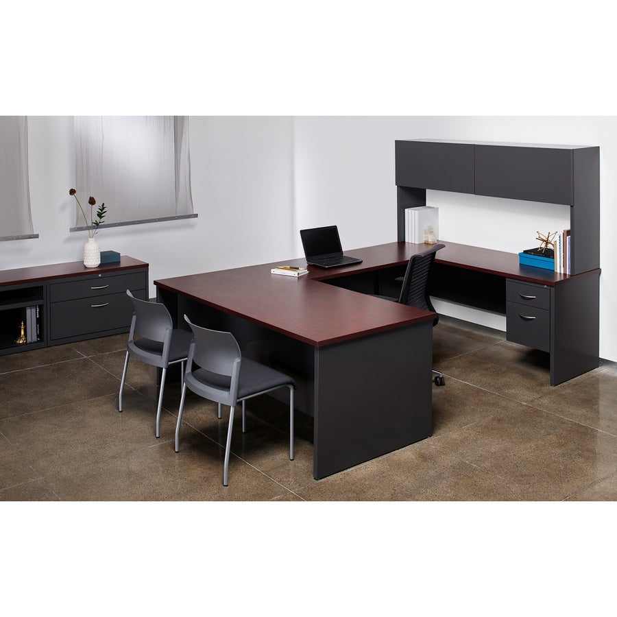 Lorell Fortress Modular Series Left-Pedestal Desk - 66" x 30" , 1.1" Top - 2 x Box, File Drawer(s) - Single Pedestal on Left Side - Material: Steel - Finish: Mahogany Laminate, Charcoal - Scratch Resistant, Stain Resistant, Ball-bearing Suspension, G -