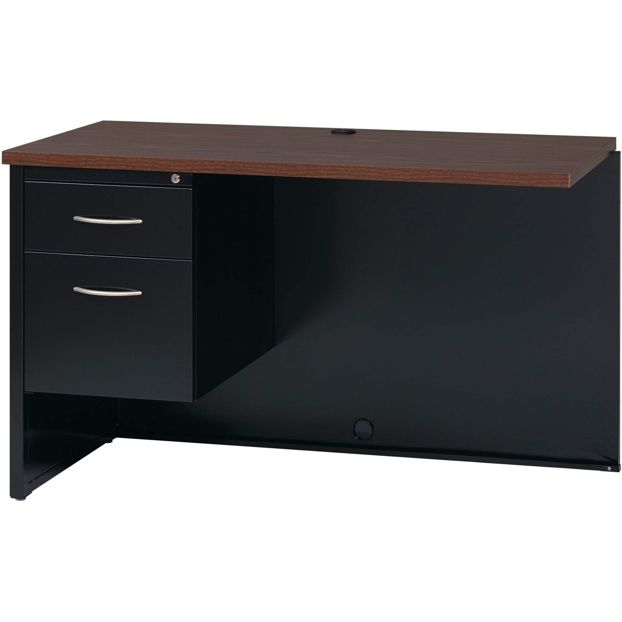 Lorell Fortress Modular Series Left Return - 48" x 24" , 1.1" Top - 2 x Box, File Drawer(s) - Single Pedestal on Left Side - Material: Steel - Finish: Walnut Laminate, Black - Scratch Resistant, Stain Resistant, Ball-bearing Suspension, Grommet, Hand -