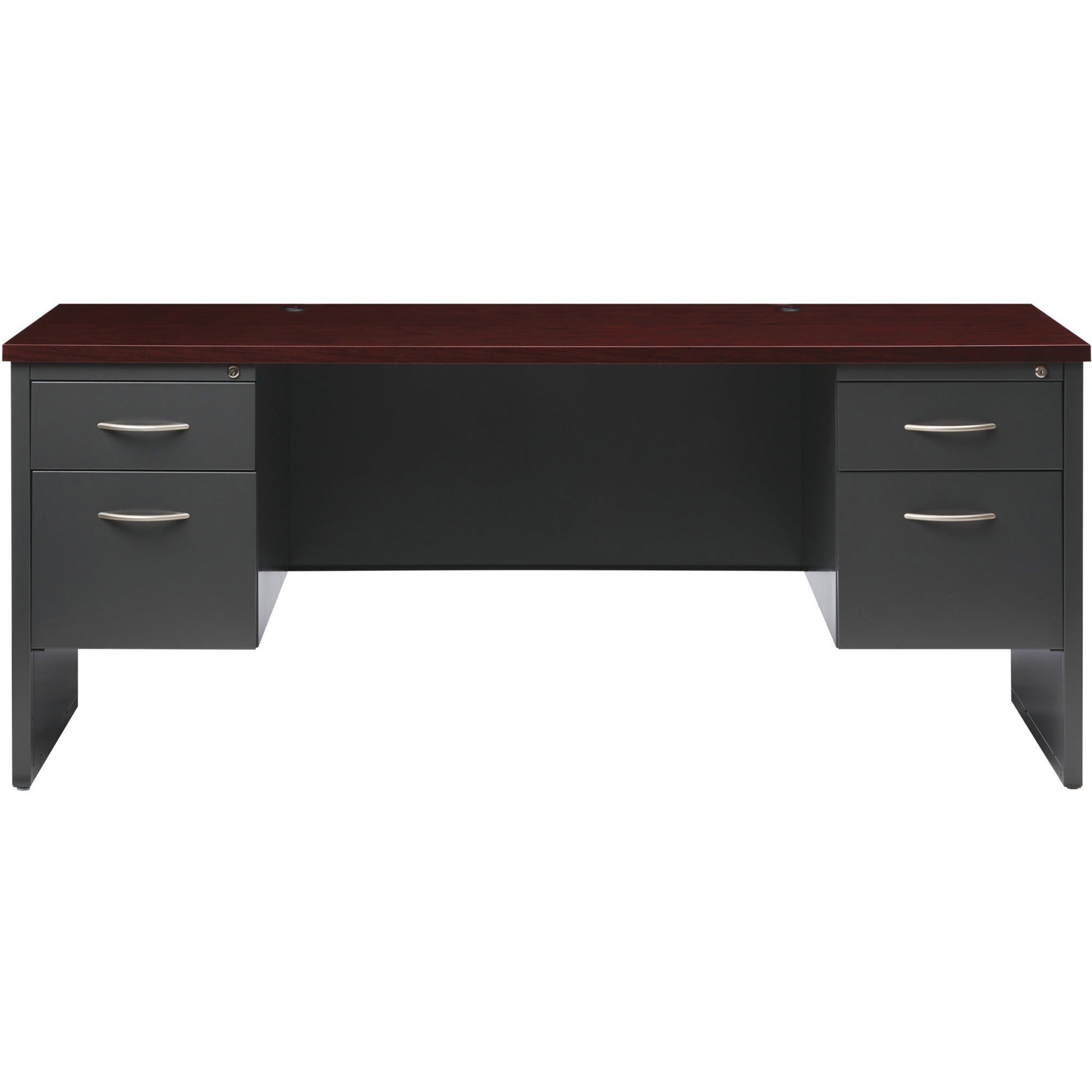 Lorell Fortress Modular Series Double-pedestal Credenza - 72" x 24" , 1.1" Top - 2 x Box, File Drawer(s) - Double Pedestal - Material: Steel - Finish: Mahogany Laminate, Charcoal - Scratch Resistant, Stain Resistant, Ball-bearing Suspension, Grommet, -