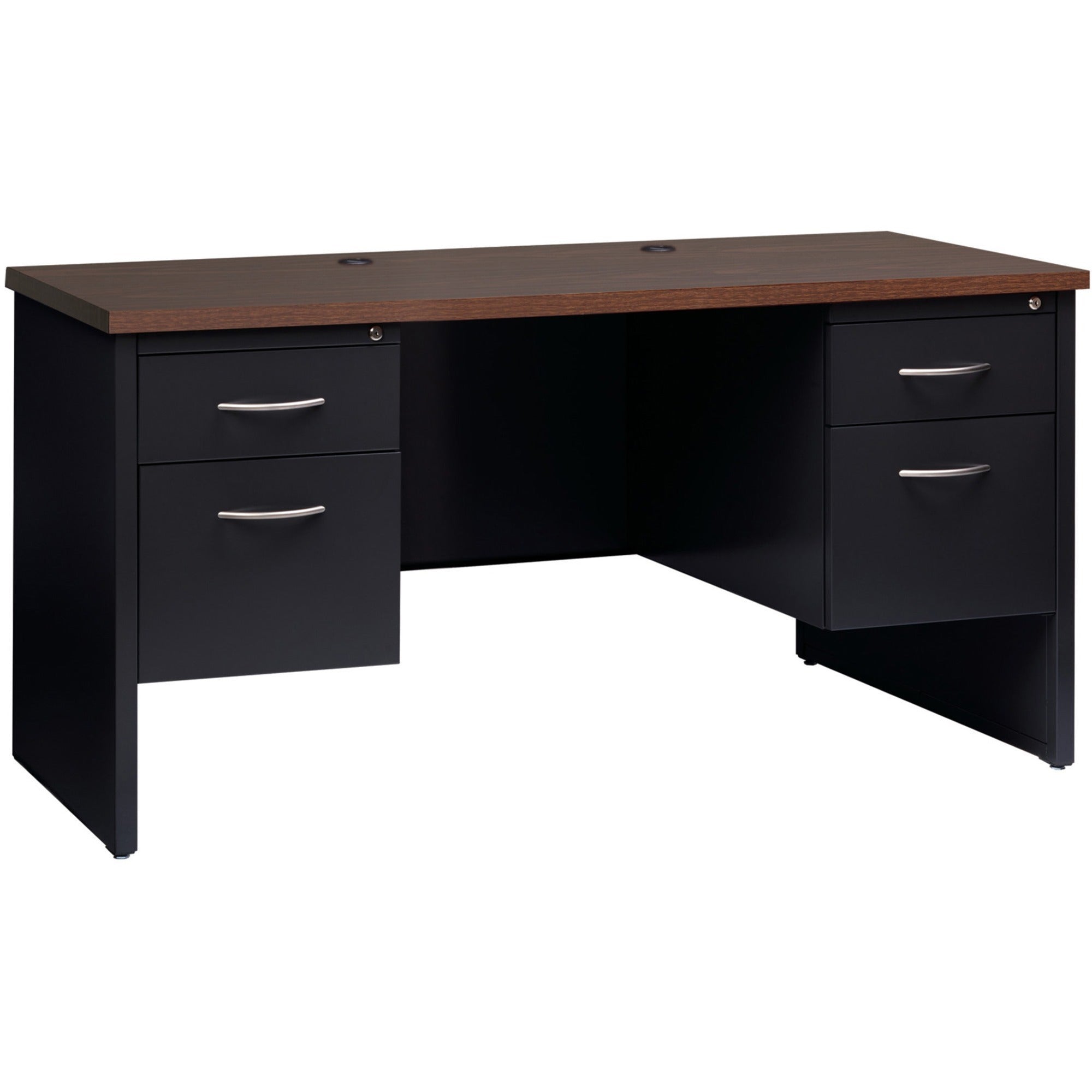 Lorell Fortress Modular Series Double-pedestal Credenza - 60" x 24" , 1.1" Top - 2 x Box, File Drawer(s) - Double Pedestal - Material: Steel - Finish: Walnut Laminate, Black - Scratch Resistant, Stain Resistant, Ball-bearing Suspension, Grommet, Hand -