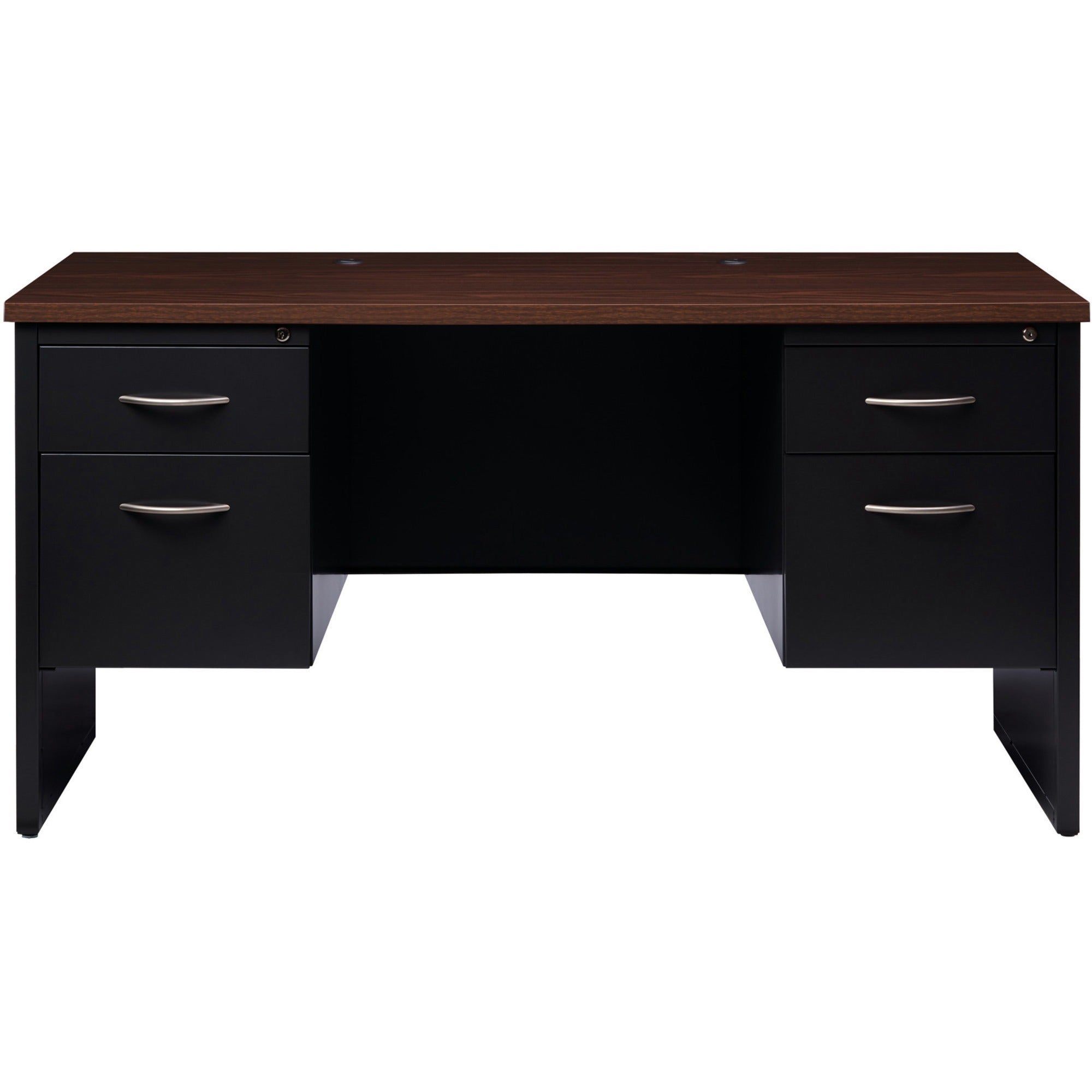 Lorell Fortress Modular Series Double-pedestal Credenza - 60" x 24" , 1.1" Top - 2 x Box, File Drawer(s) - Double Pedestal - Material: Steel - Finish: Walnut Laminate, Black - Scratch Resistant, Stain Resistant, Ball-bearing Suspension, Grommet, Hand -