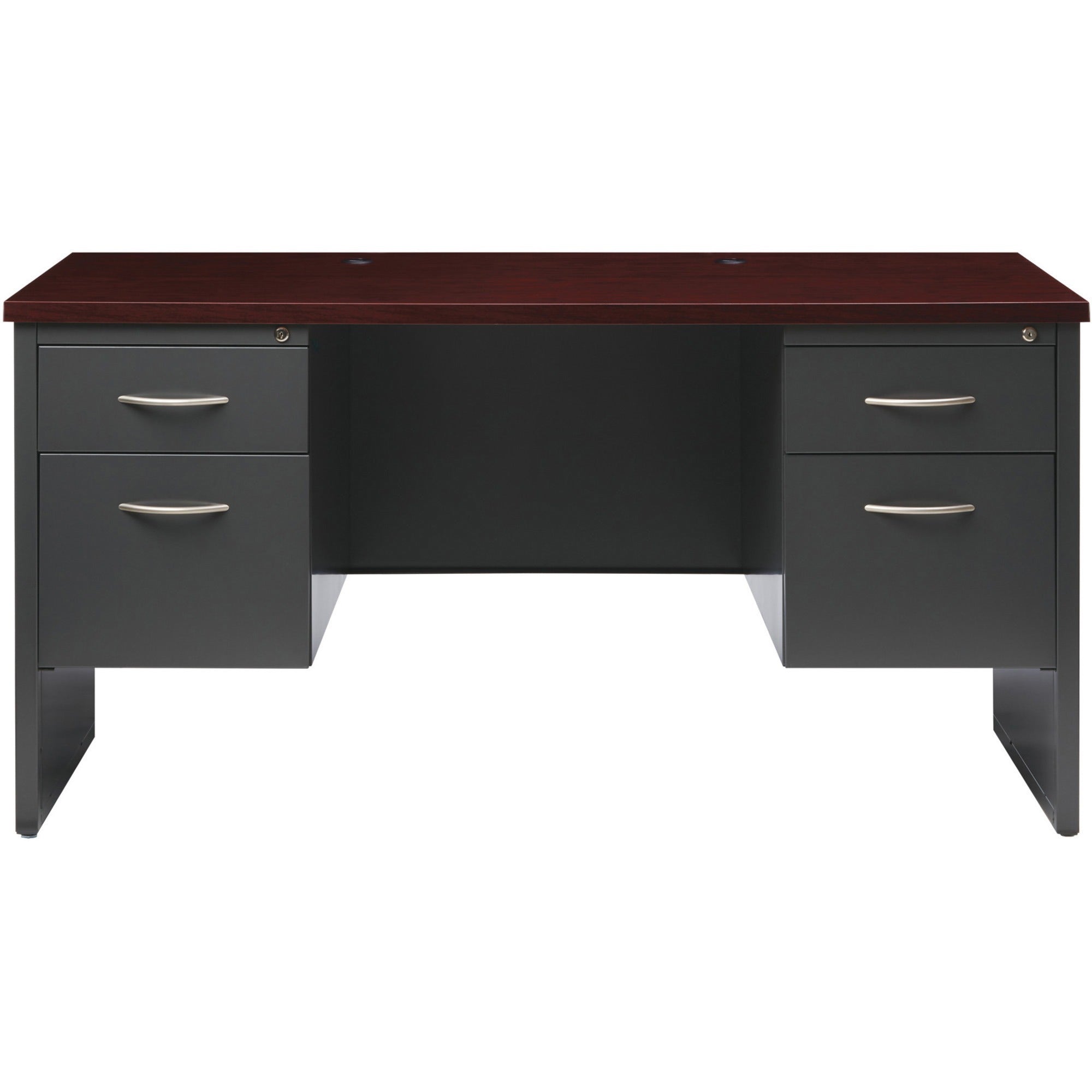 Lorell Fortress Modular Series Double-pedestal Credenza - 60" x 24" , 1.1" Top - 2 x Box, File Drawer(s) - Double Pedestal - Material: Steel - Finish: Mahogany Laminate, Charcoal - Scratch Resistant, Stain Resistant, Ball-bearing Suspension, Grommet, -