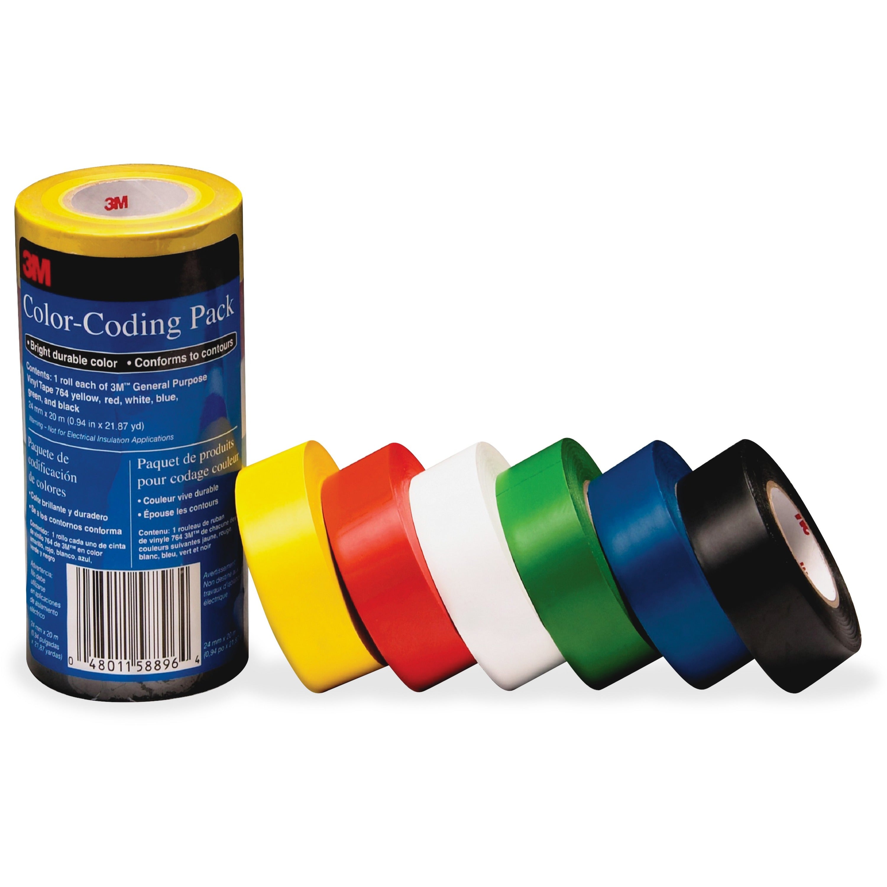 3M Vinyl Tape 764 Color-coding Pack - 21.87 yd Length x 0.94" Width - 5 mil Thickness - Rubber - 4 mil - Polyvinyl Chloride (PVC) Backing - 6 / Pack - Multicolor -