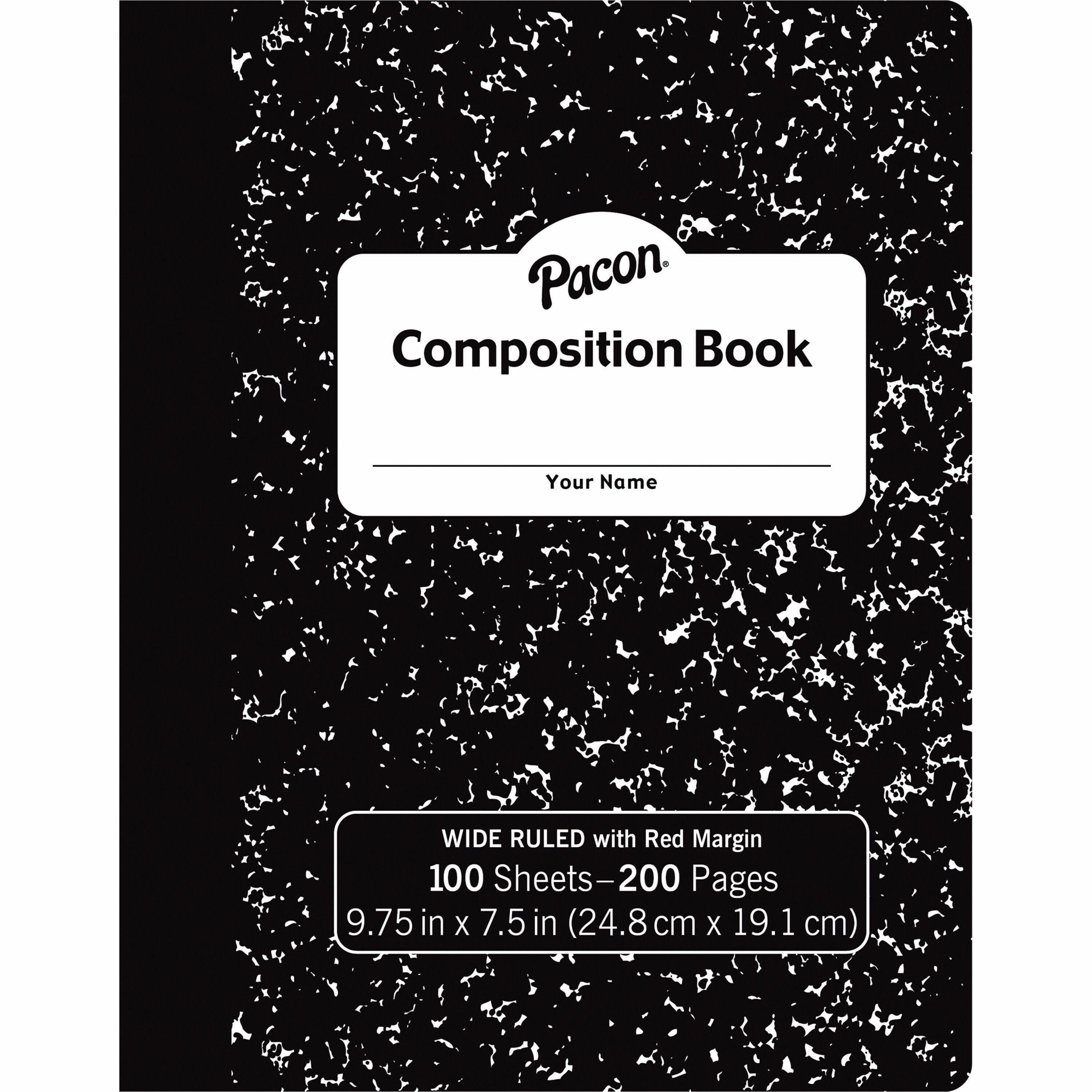 Pacon Composition Book - 100 Sheets - 200 Pages - Wide Ruled - 0.38" Ruled - Red Margin - 9.75" x 7.5" x 0.1" - White Paper - Black Marble Cover - Durable, Hard Cover - 1 Each -