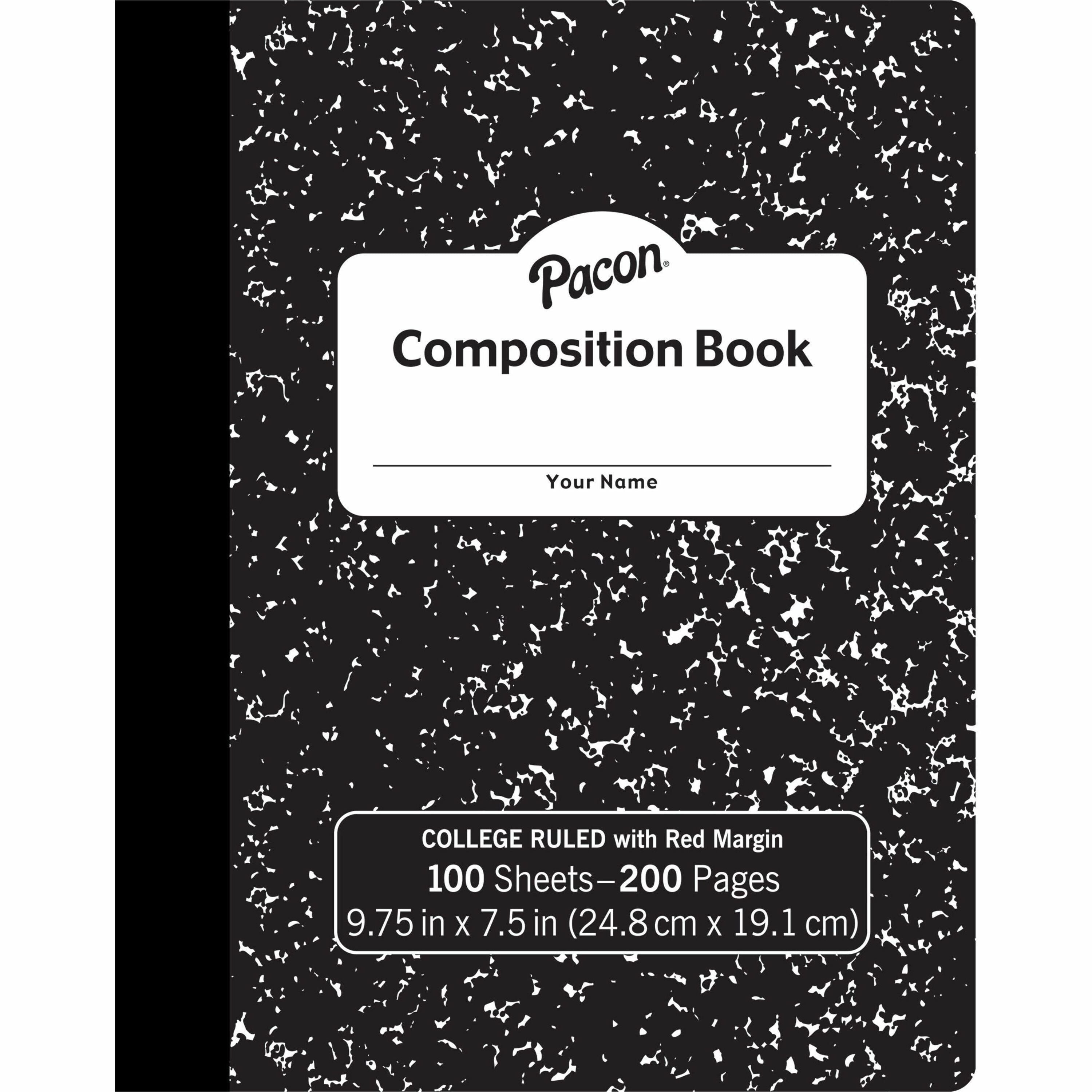 Pacon Composition Book - 100 Sheets - 200 Pages - College Ruled - 0.28" Ruled - 9.75" x 7.5" x 0.1" - White Paper - Black Marble Cover - Durable, Hard Cover - 1 Each -