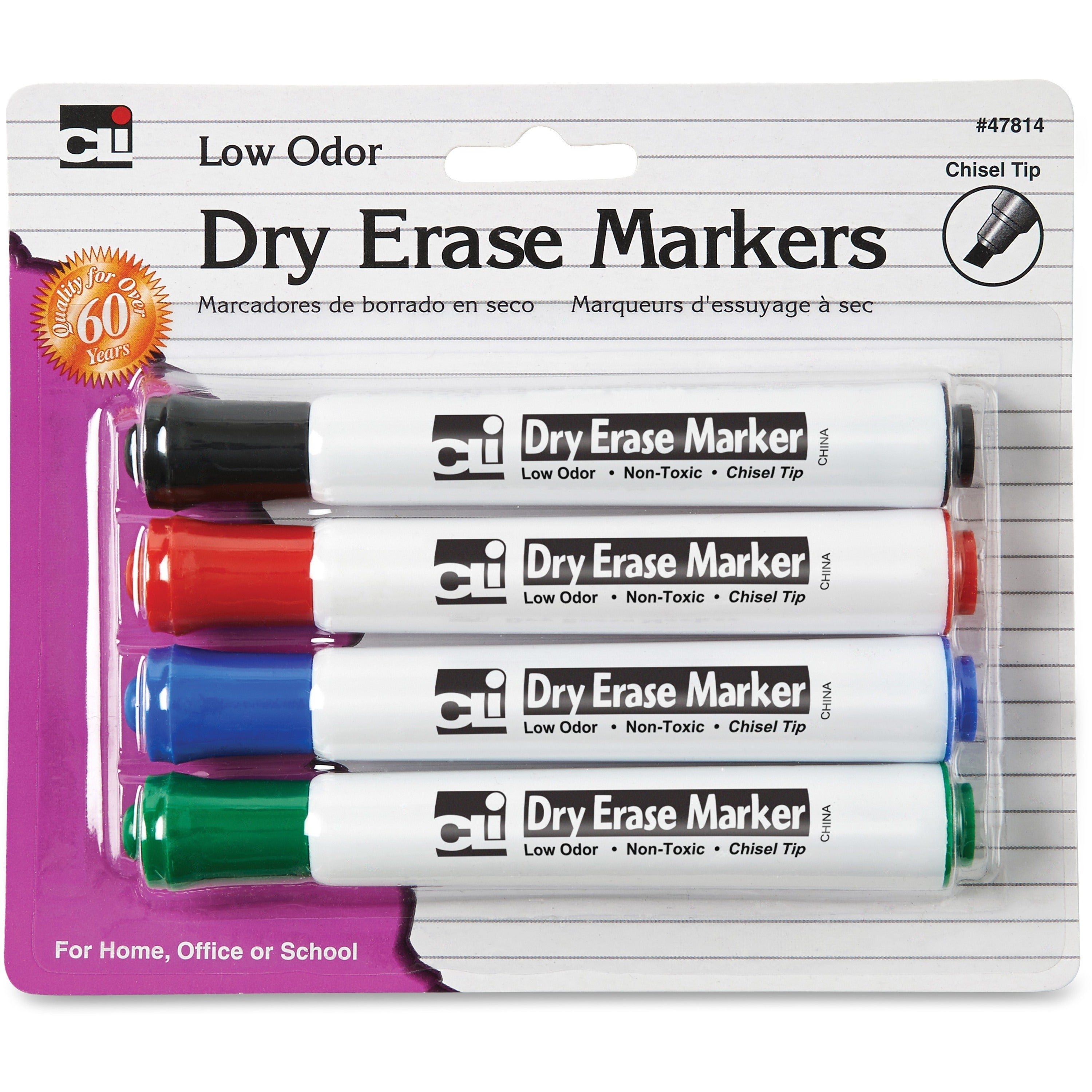 CLI Chisel Tip Dry Erase Markers - Chisel Marker Point Style - Black, Blue, Red, Green - 4 / Pack -