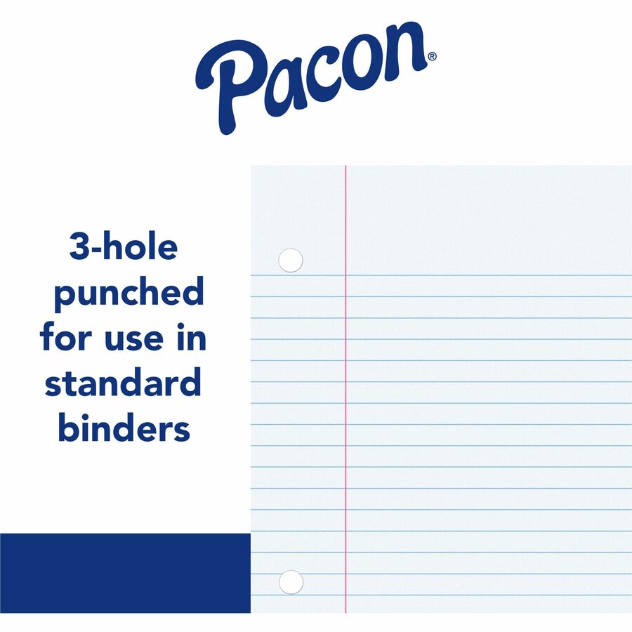 Pacon Wide Ruled Filler Paper - 200 Sheets - Wide Ruled - 0.38" Ruled - Red Margin - 3 Hole(s) - 8" x 10 1/2" - White Paper - Smooth, Punched - 200 / Pack -