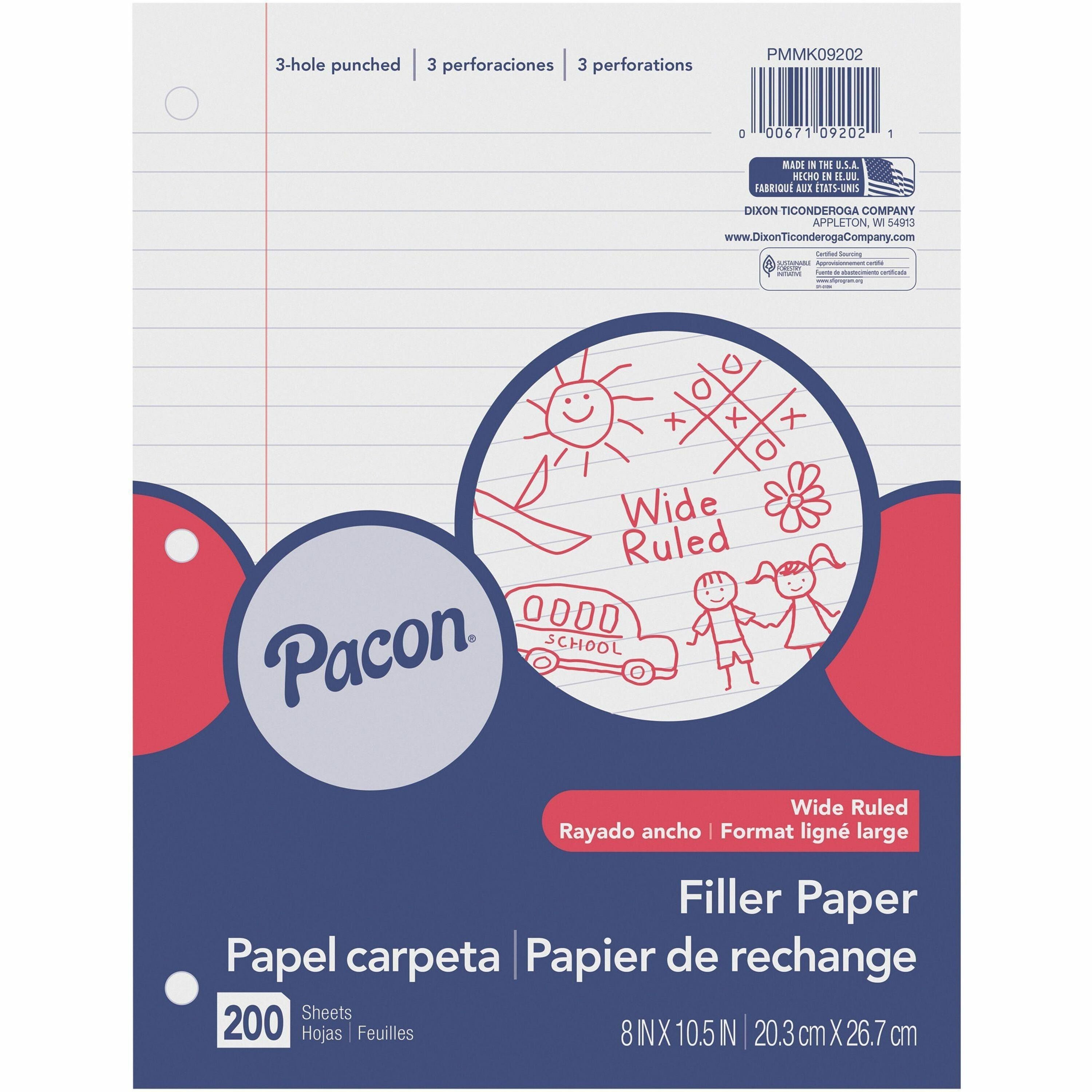 Pacon Wide Ruled Filler Paper - 200 Sheets - Wide Ruled - 0.38" Ruled - Red Margin - 3 Hole(s) - 8" x 10 1/2" - White Paper - Smooth, Punched - 200 / Pack -