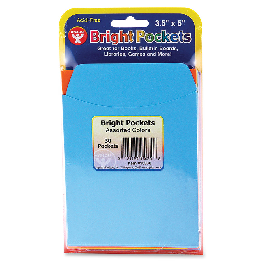 Hygloss Nonadhesive Library Pockets - 5" Height x 3.5" Width x 7" Length - Rectangular - Assorted - Manila - 30 / Pack -