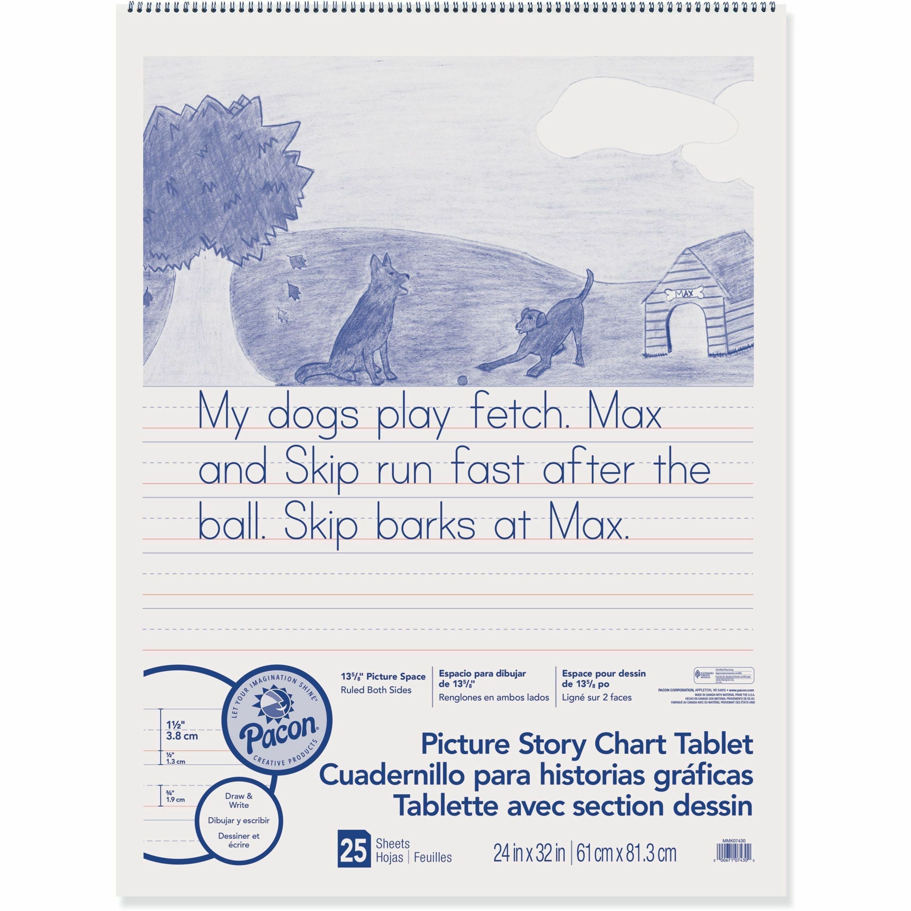 pacon-ruled-picture-story-chart-tablet-25-sheets-spiral-bound-both-side-ruling-surface-ruled-150-ruled-1363-picture-story-space-24-x-32-white-paper-punched-1-each_pacmmk07430 - 1