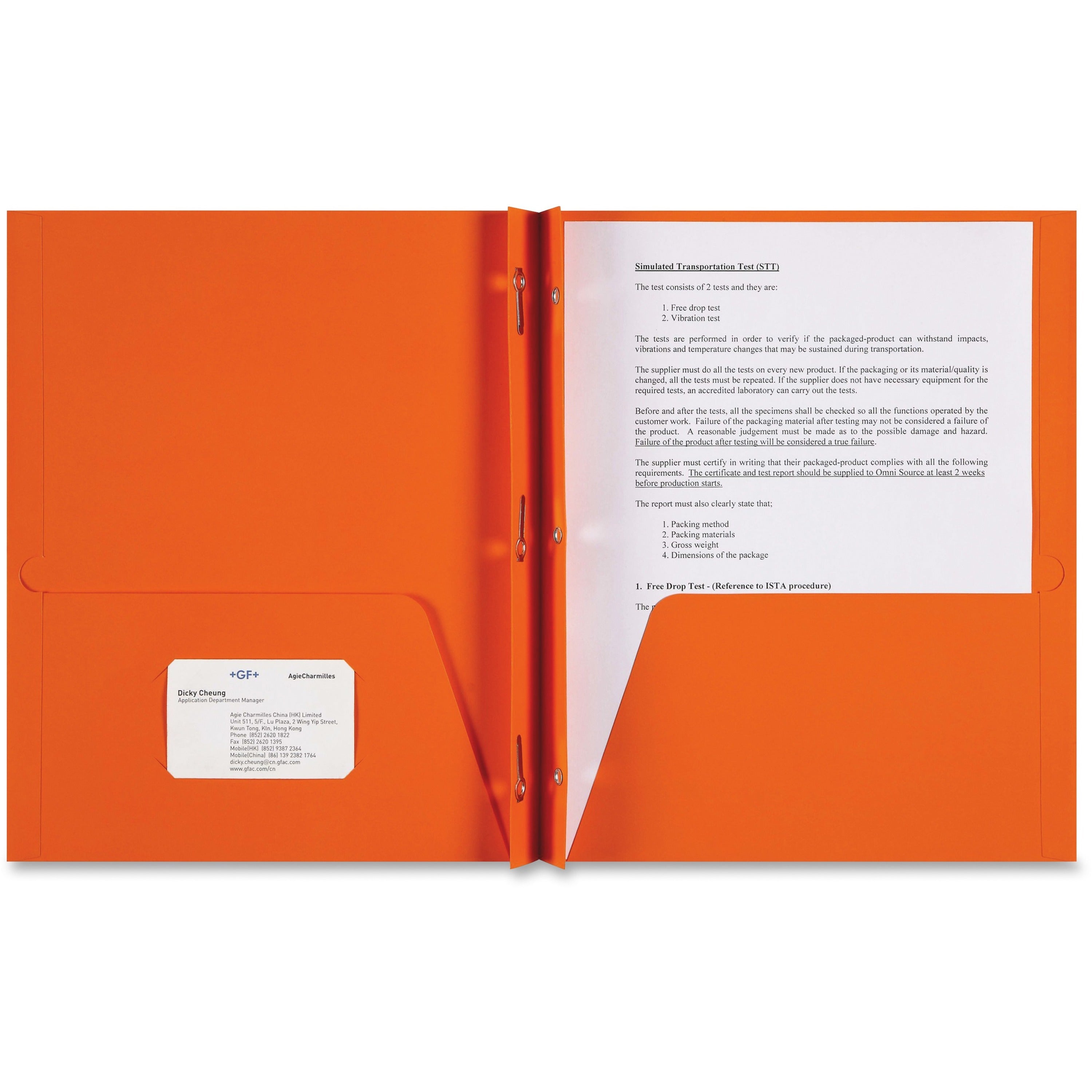 Sparco Letter Pocket Folder - 8 1/2" x 11" - 3 x Double Prong Fastener(s) - 2 Internal Pocket(s) - Orange - 25 / Box -