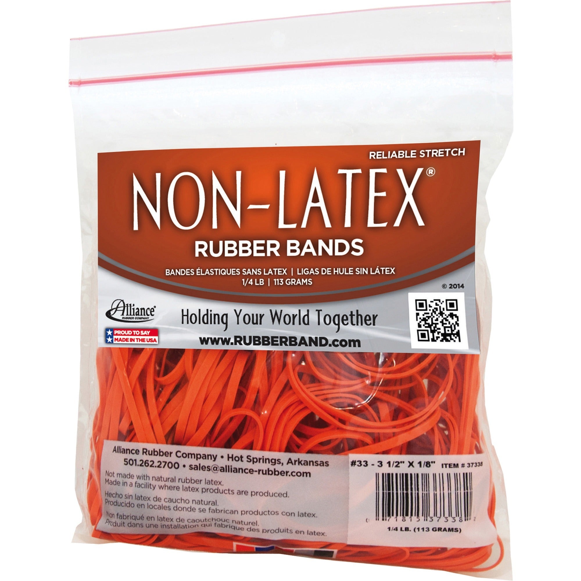 Alliance Rubber 37338 Non-Latex Rubber Bands - Size #33 - 1/4 lb. poly bag contains approx. 180 bands - 3 1/2" x 1/8" - Orange -