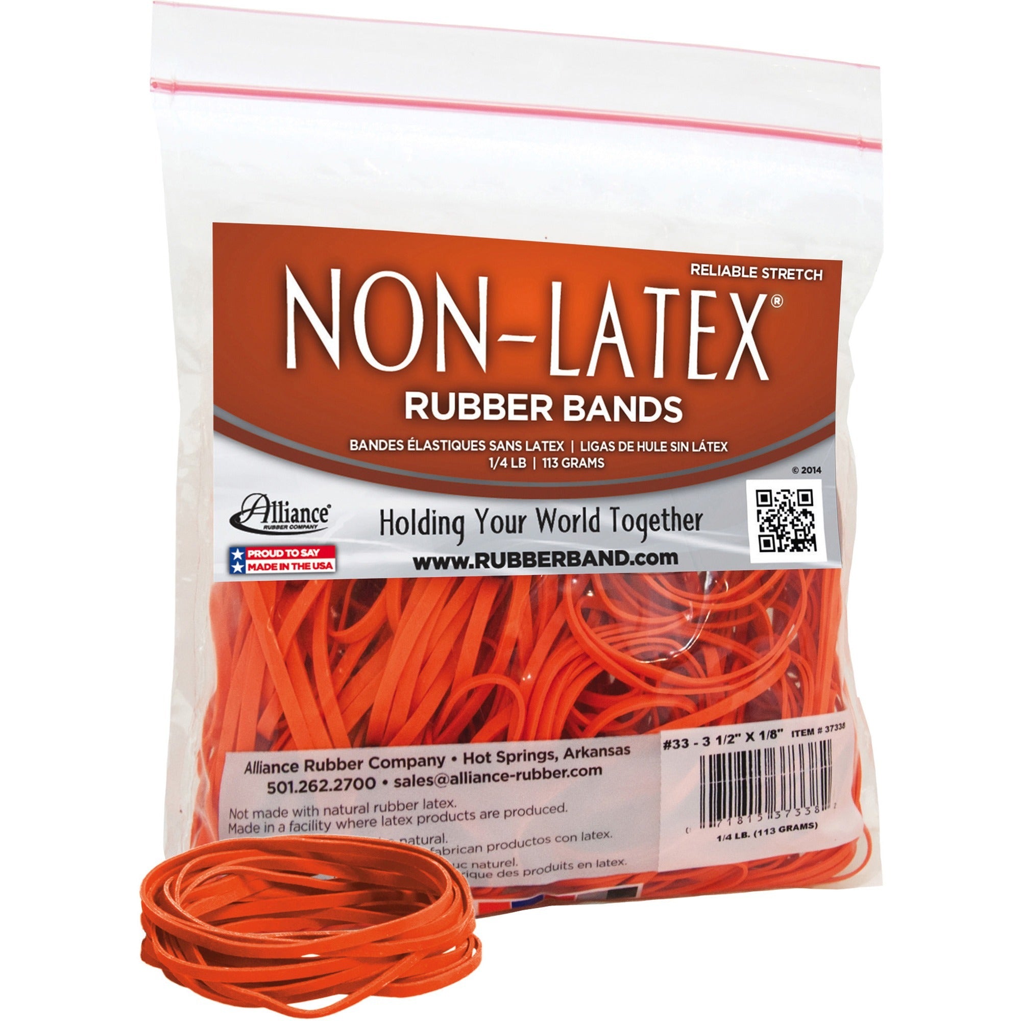 Alliance Rubber 37338 Non-Latex Rubber Bands - Size #33 - 1/4 lb. poly bag contains approx. 180 bands - 3 1/2" x 1/8" - Orange -