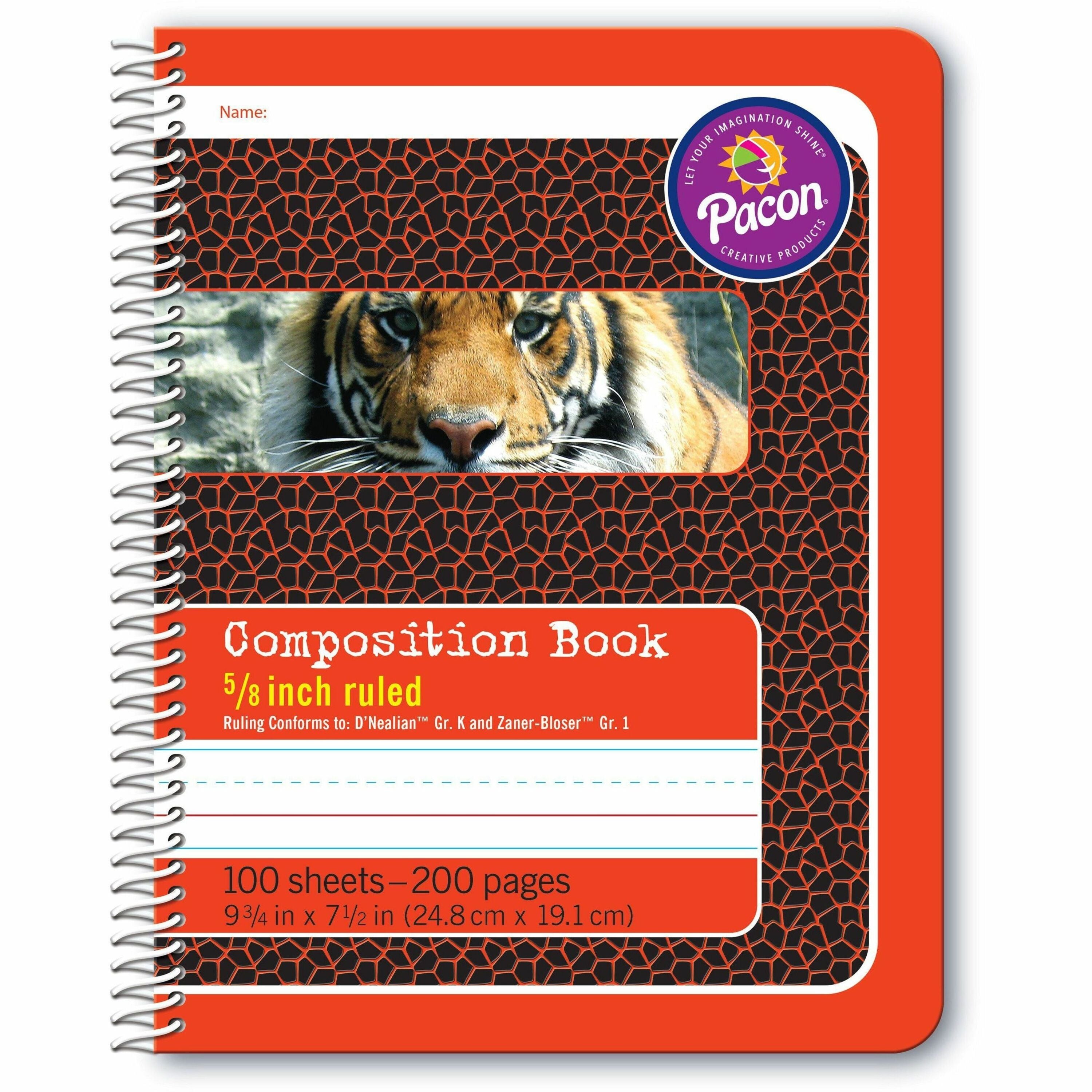 Pacon Composition Book - 100 Sheets - 200 Pages - Spiral Bound - Short Way Ruled - 0.63" Ruled - 4.50" Picture Story Space - 7 1/2" x 9 3/4" - Red Cover - Recycled - 1 Each -