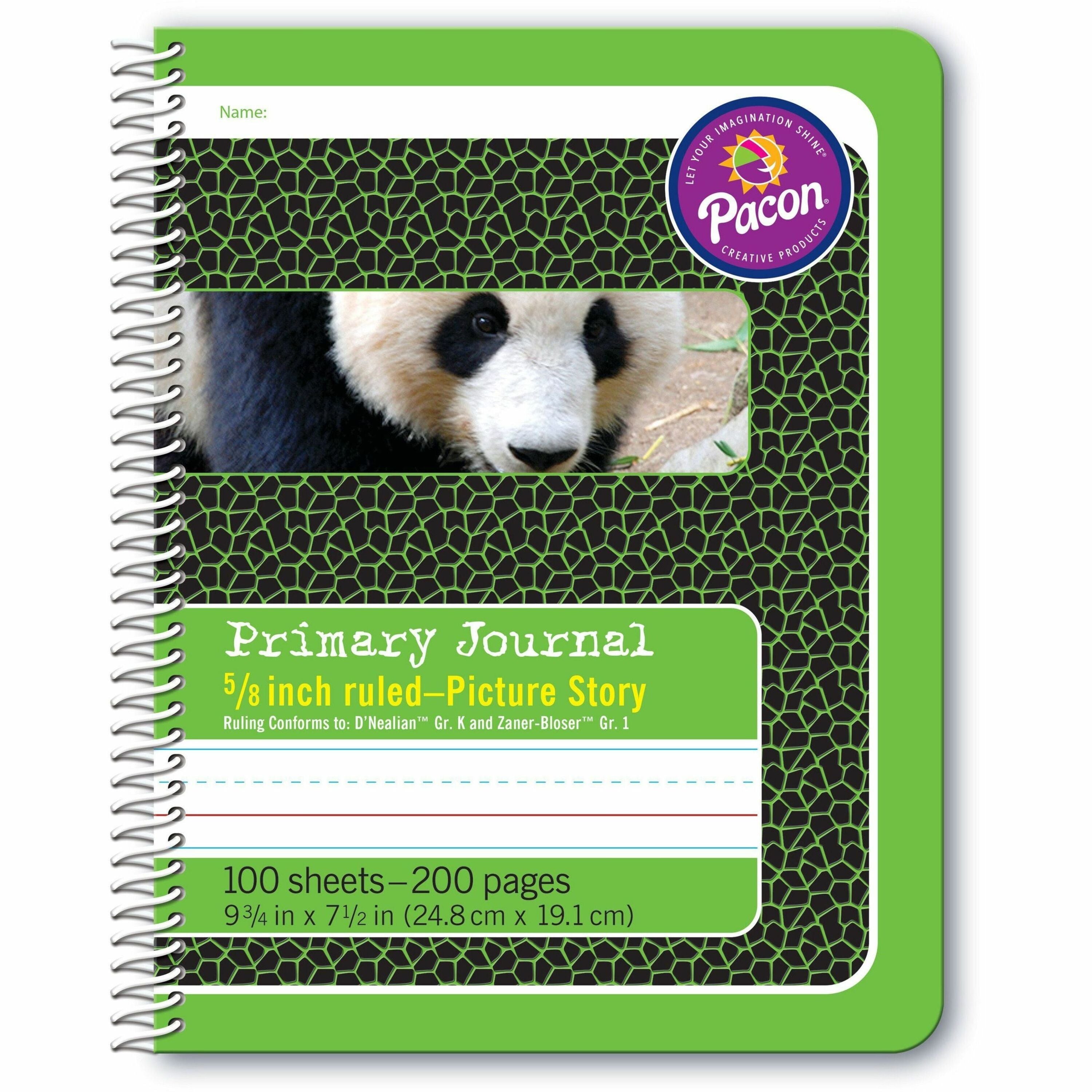 Pacon Composition Book - 100 Sheets - 200 Pages - Spiral Bound - Short Way Ruled - 0.63" Ruled - 4.50" Picture Story Space - 7 1/2" x 9 3/4" - Green Cover - Recycled - 1 Each -