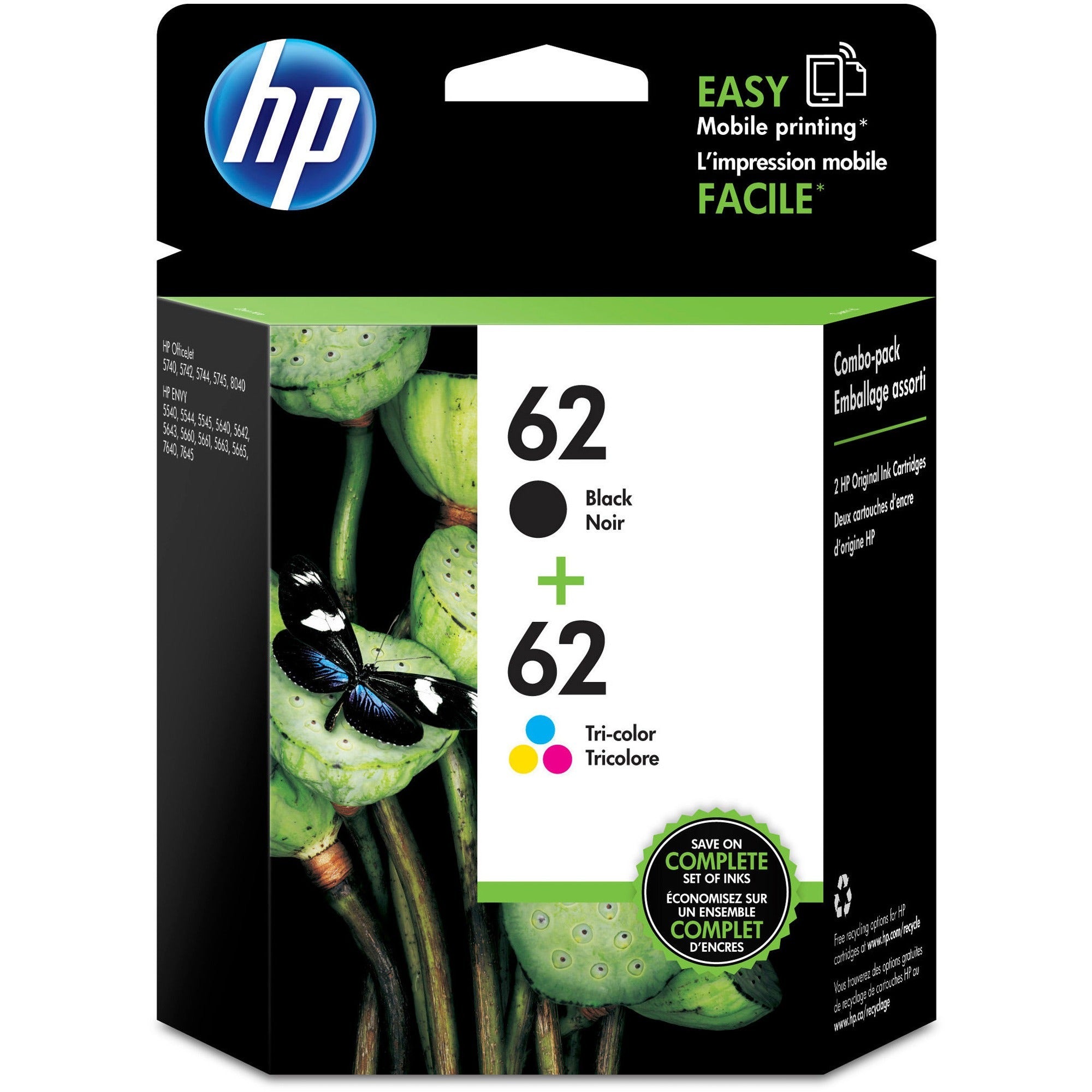 HP 62, (N9H64FN) 2-Pack Black/Tri-Color Original Ink Cartridges - 1