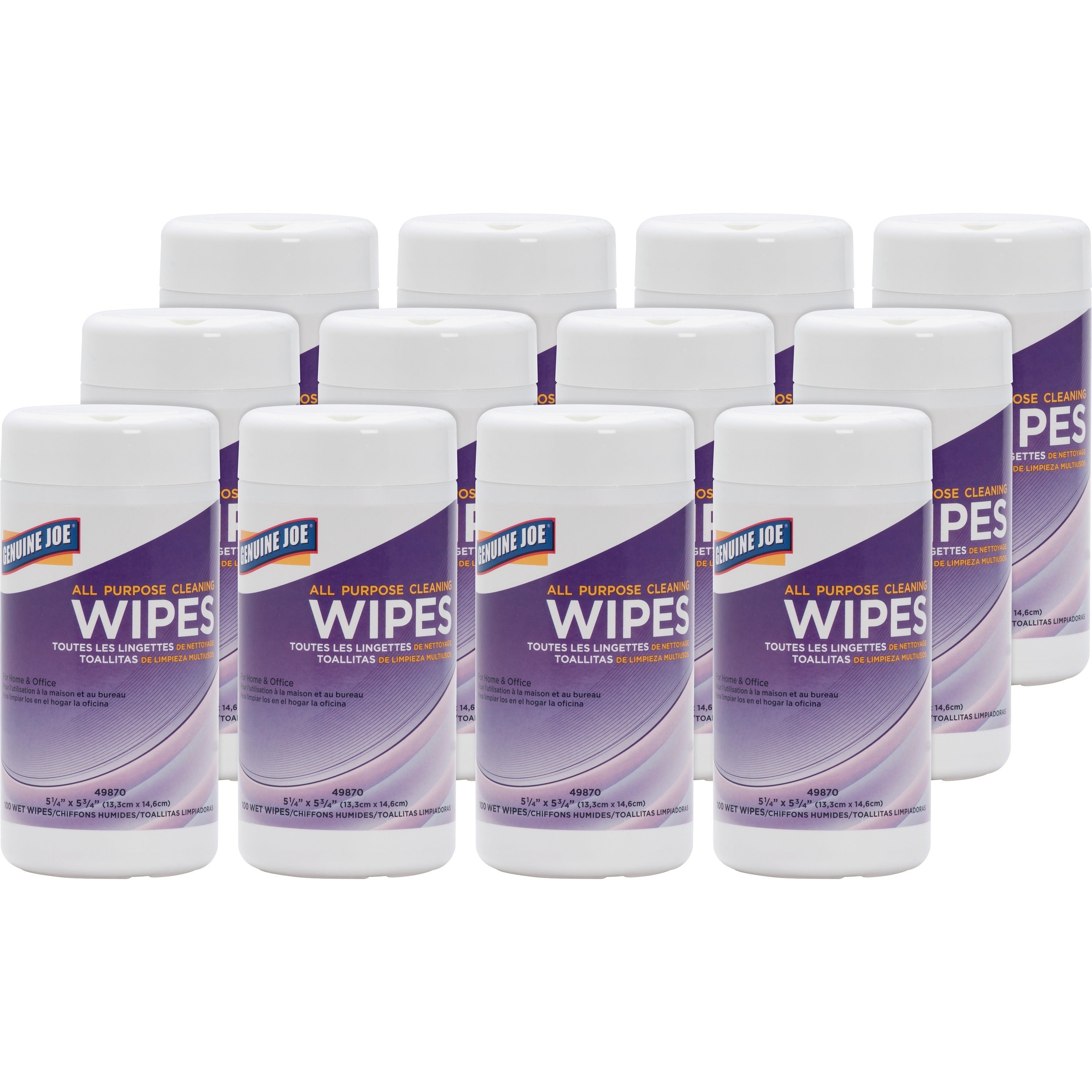 genuine-joe-all-purpose-cleaning-wipes-588-length-x-513-width-100-canister-12-carton-pre-moistened-non-abrasive-non-toxic-soft-multi_gjo49870ct - 1