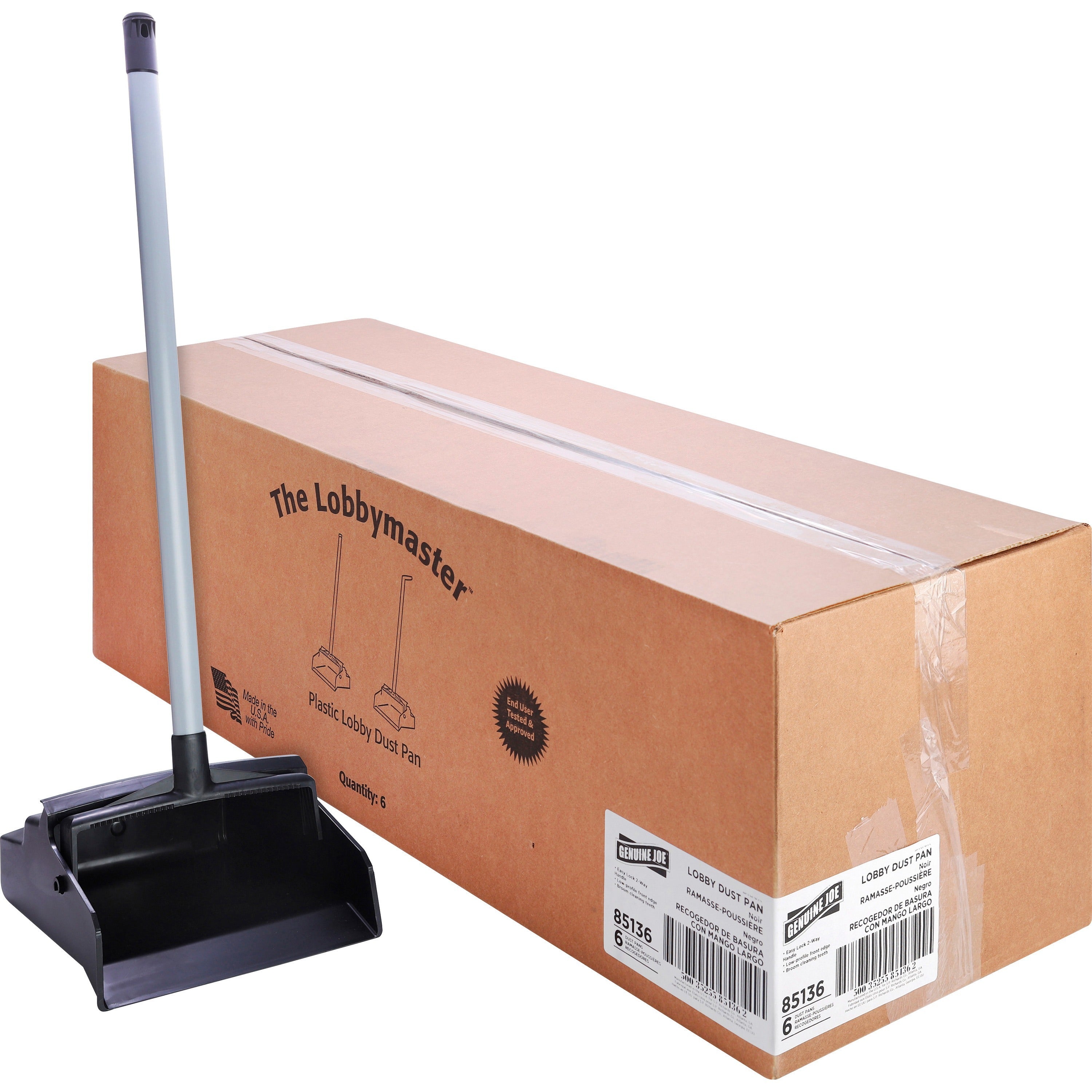 Genuine Joe Lobby Dust Pan - 12" Wide - 30" Handle - Plastic - Black - 6 / Carton - 1