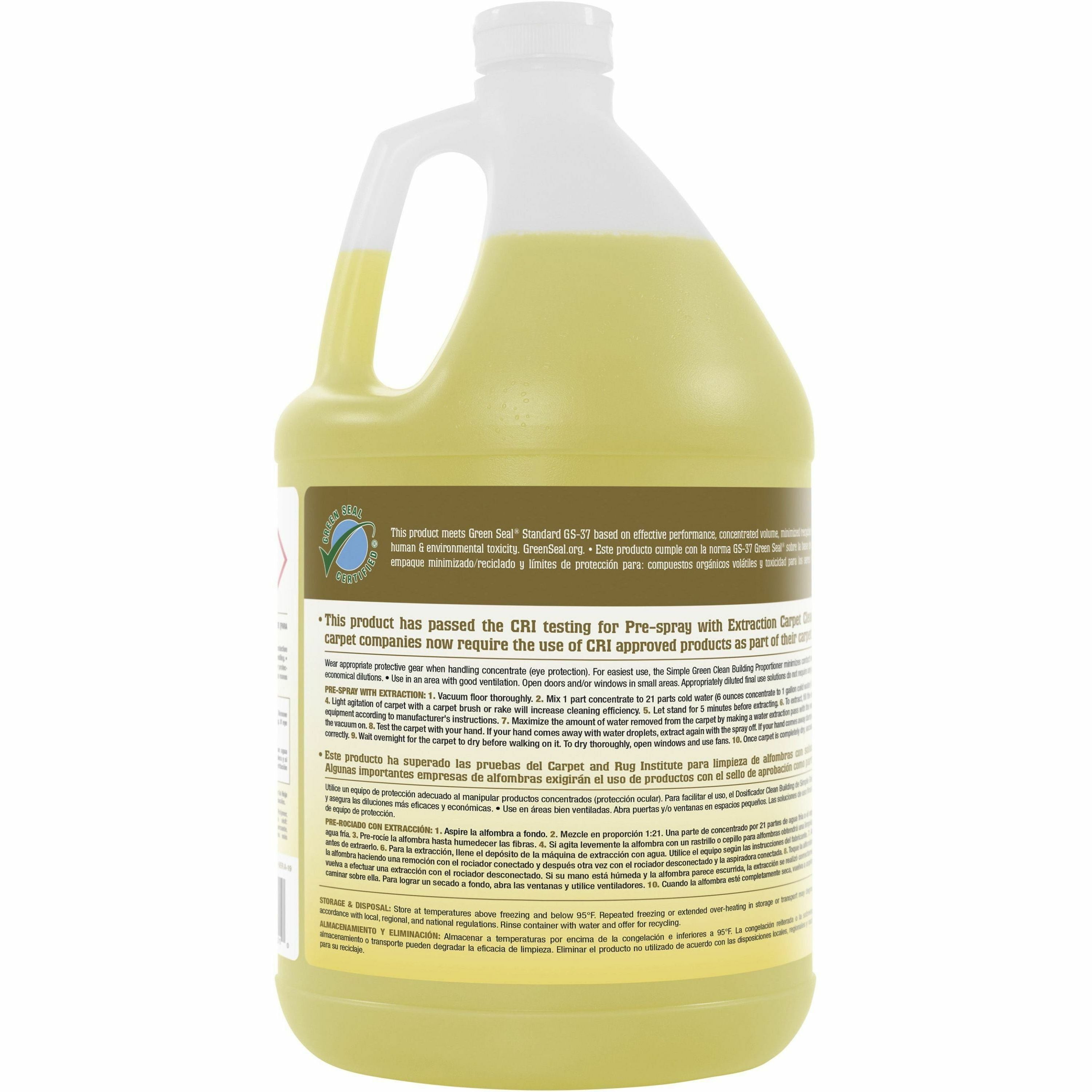 Simple Green Clean Building Carpet Cleaner Concentrate - Concentrate - 128 fl oz (4 quart) - 2 / Carton - Non-toxic, Caustic-free, Organic, Non-flammable, Fragrance-free, Unscented - Sand - 2