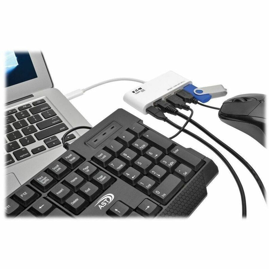 Tripp Lite by Eaton 3-Port USB 3.2 Gen 1 Hub with LAN Port and Power Delivery USB-C to 3x USB-A Ports and Gigabit Ethernet White - USB 3.1 Type C - External - 4 USB Port(s) - 1 Network (RJ-45) Port(s) - 3 USB 3.0 Port(s) - PC, Chrome OS, Mac - 3