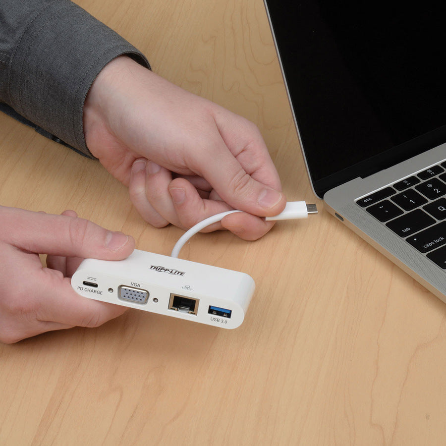 Tripp Lite by Eaton USB-C Multiport Adapter VGA USB 3.x (5Gbps) Hub Port Gigabit Ethernet and 60W PD Charging White - for Notebook/Tablet PC - 2 x USB Ports - 2 x USB 3.0 - Network (RJ-45) - VGA - Wired - 2