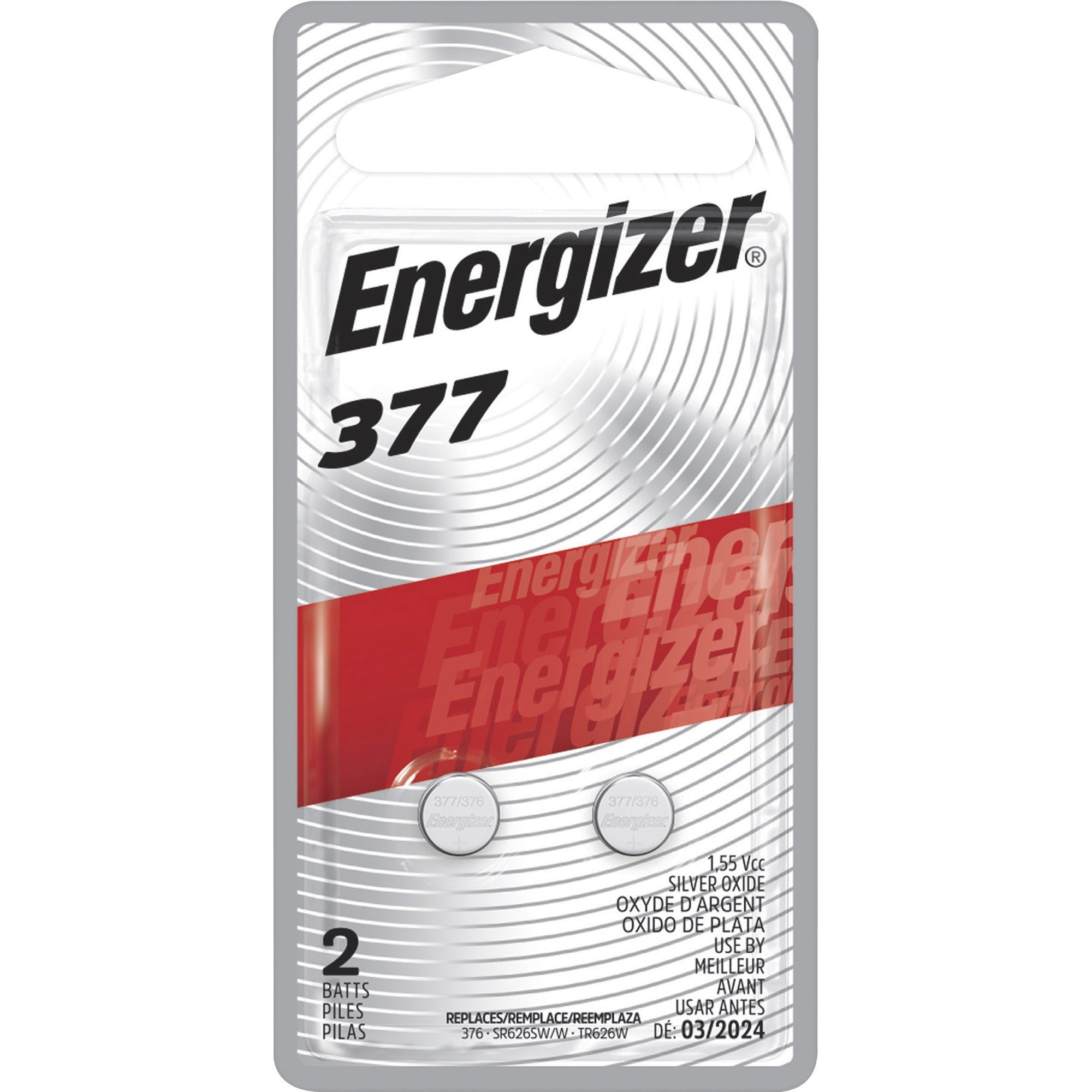 Energizer 377 Silver Oxide Button Battery, 2 Pack - For Multipurpose - SR66 - 1.6 V DC - 24 mAh - Silver Oxide - 2 / Pack -