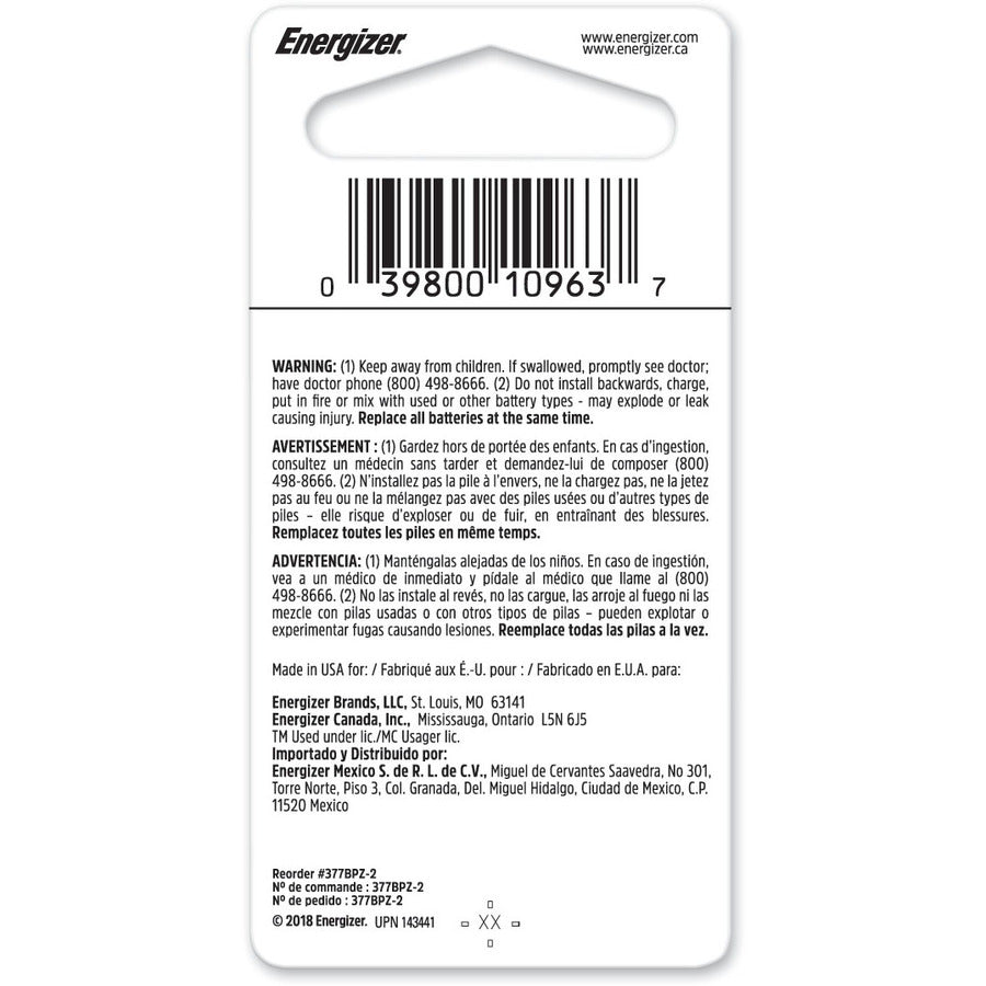 Energizer 377 Silver Oxide Button Battery, 2 Pack - For Multipurpose - SR66 - 1.6 V DC - 24 mAh - Silver Oxide - 2 / Pack -