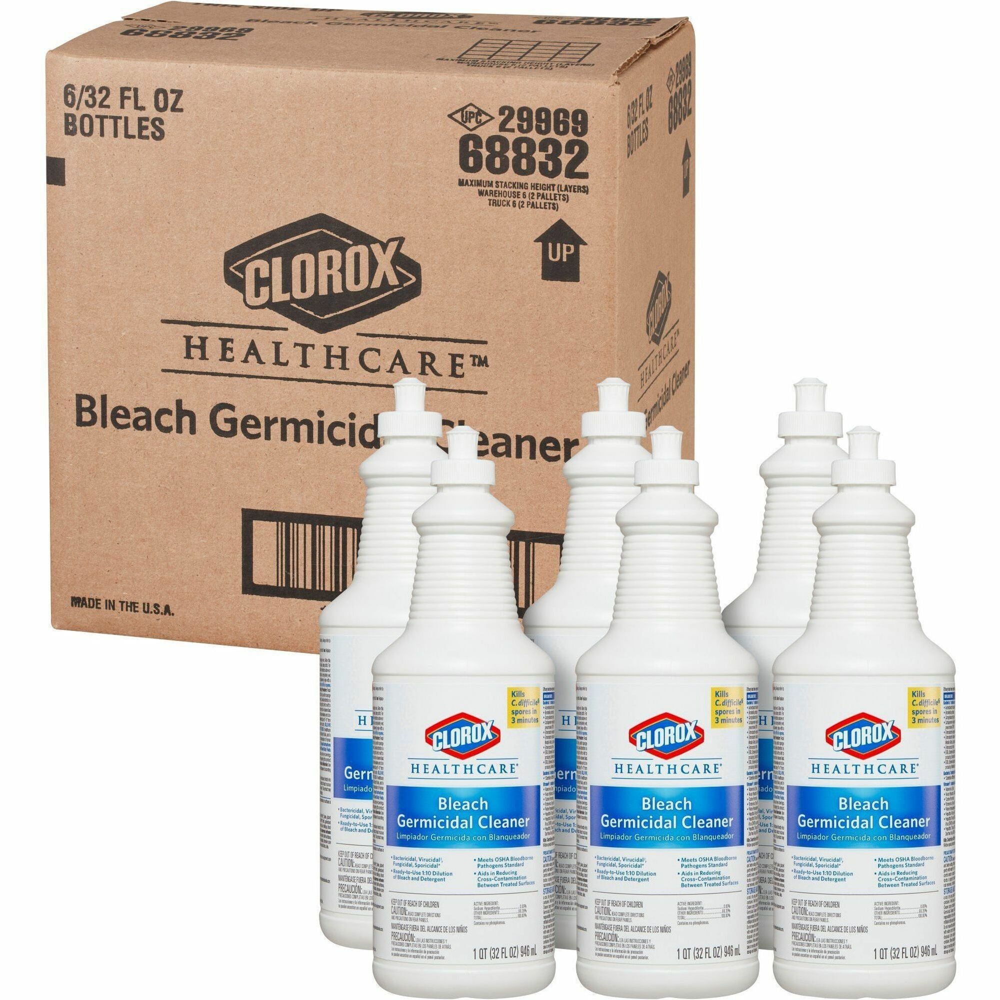 Clorox Healthcare Pull-Top Bleach Germicidal Cleaner - Ready-To-Use - 32 fl oz (1 quart) - 6 / Carton - Disinfectant, Fast Acting, Refillable, Cleanse, Anti-corrosive, Versatile, Anti-bacterial - White - 1