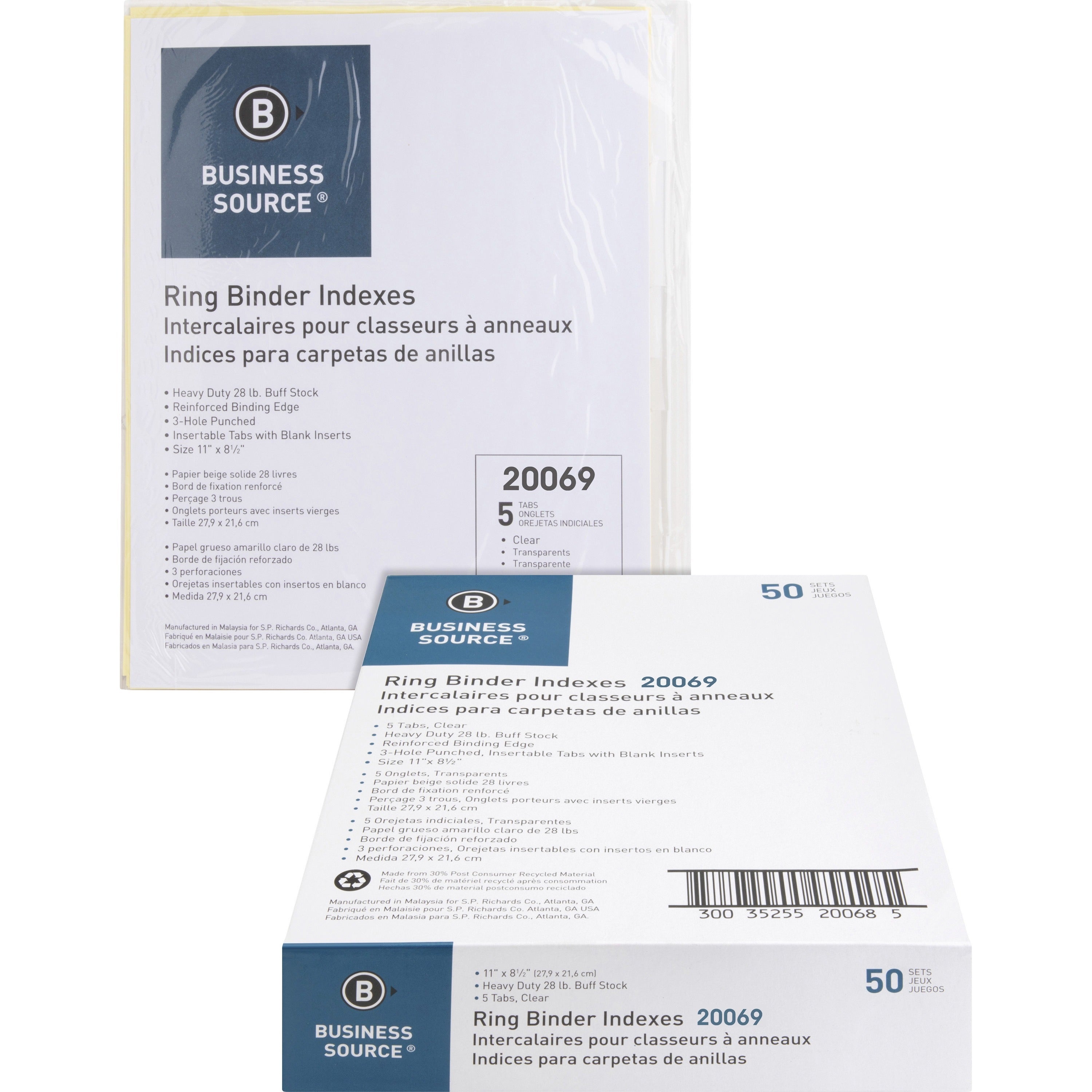business-source-buff-stock-ring-binder-indexes-8-x-dividers-blank-tabs-8-tabs-set125-tab-width-85-divider-width-x-11-divider-length-letter-3-hole-punched-clear-buff-paper-divider-clear-tabs-50-box_bsn20069bx - 1