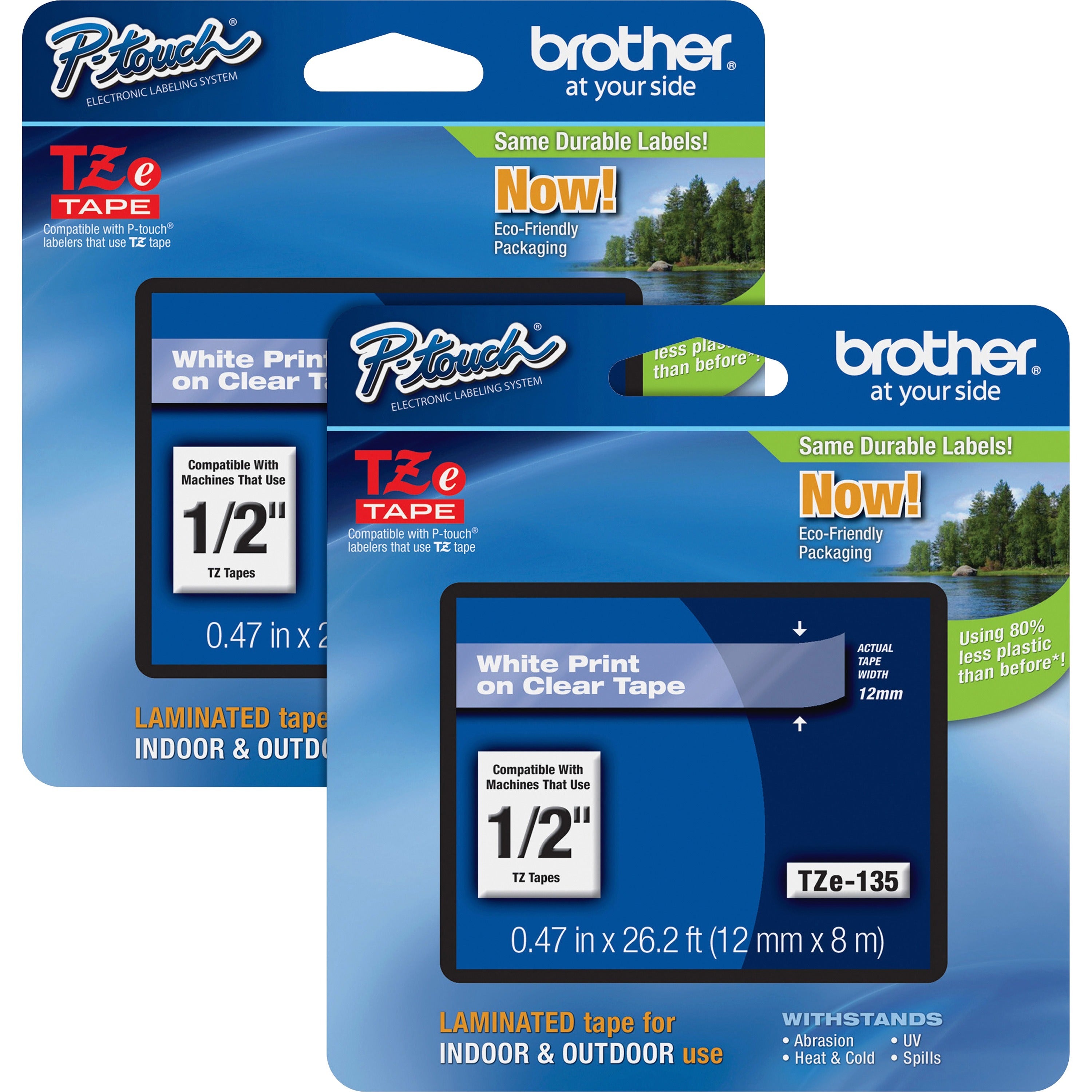 Brother P-touch TZe Laminated Tape Cartridges - 1/2" Width - White, Clear - 2 / Bundle - Water Resistant - Grease Resistant, Grime Resistant, Temperature Resistant - 1