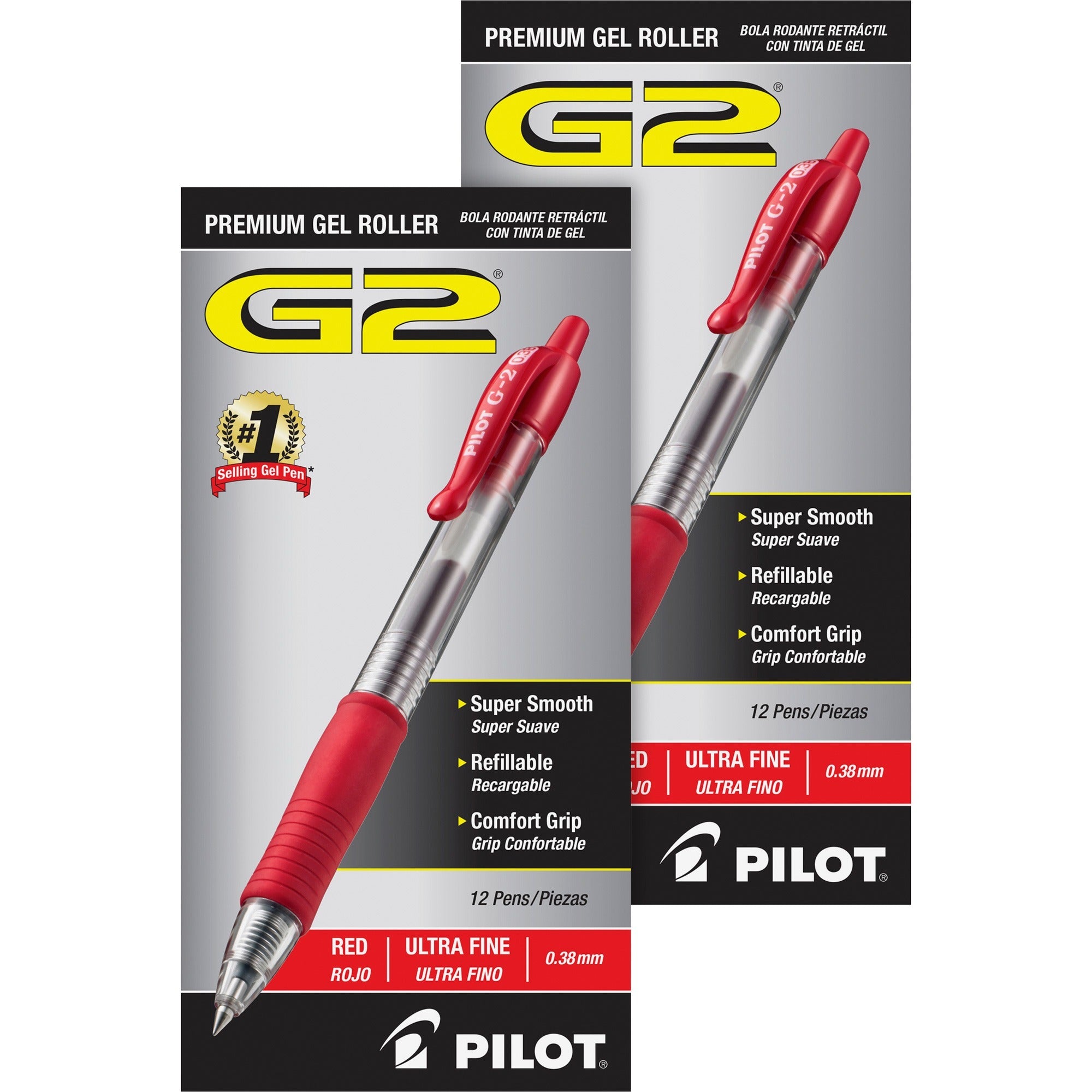 pilot-g2-premium-gel-roller-retractable-pens-ultra-fine-pen-point-038-mm-pen-point-size-refillable-retractable-red-gel-based-ink-clear-barrel-24-bundle_pil31279bd - 1