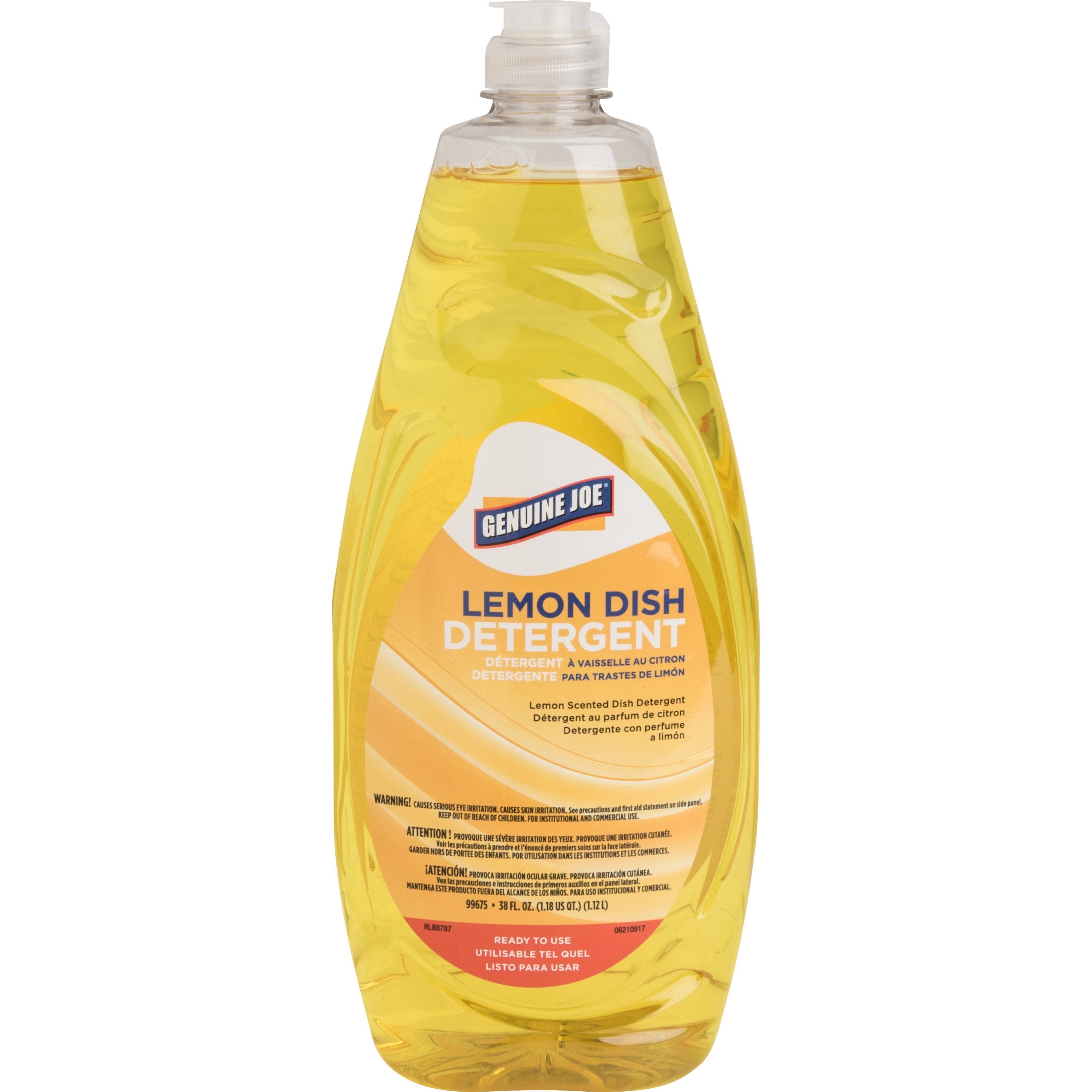Genuine Joe Dish Detergent - For Pot - Concentrate - 38 fl oz (1.2 quart) - Lemon Scent - 1 Each - Heavy Duty, Durable, Long Lasting, Film-free - Yellow - 1