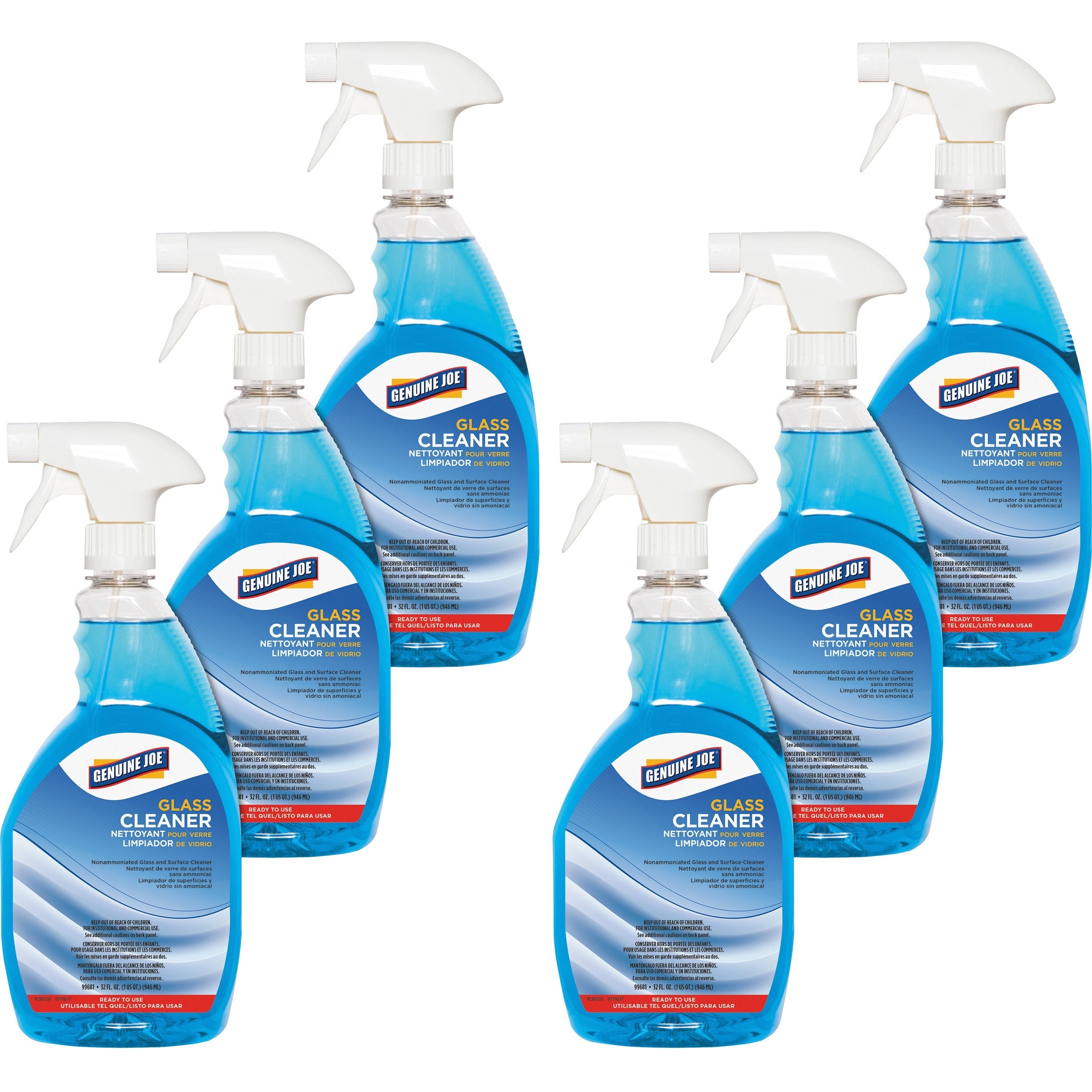 Genuine Joe Non-Ammoniated Glass Cleaner - Ready-To-Use - 32 fl oz (1 quart) - 6 / Carton - Non Ammoniated, Non-streaking - Blue - 1
